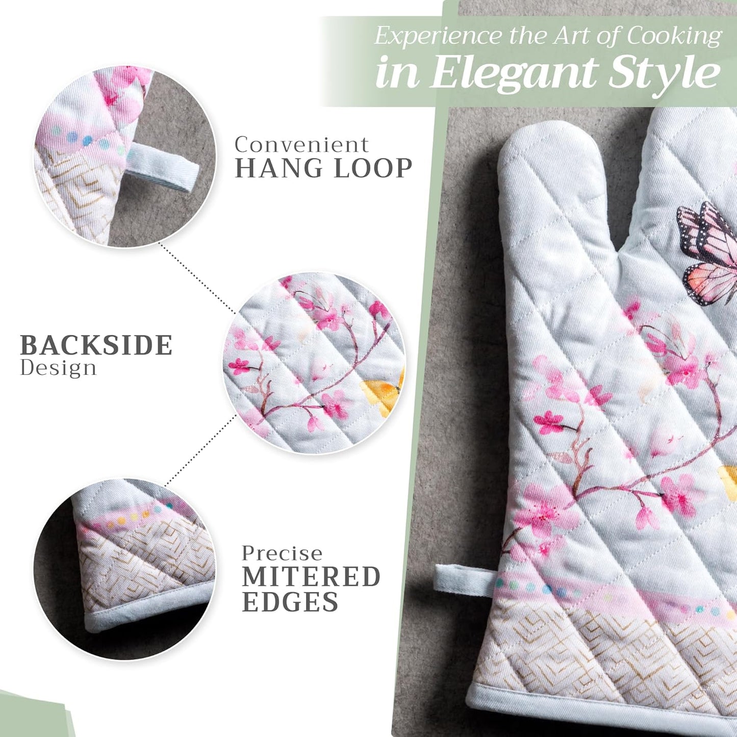 Maison d' Hermine 100% Cotton Oven Mitt & Pot Holder Set (7.5"x13" & 8"x8") Heat Resistant BBQ Cooking Gloves with Loop, Baking, Grilling, Kitchen, Handling Hot Pans Spring/Summer (Blossoms In Spring)