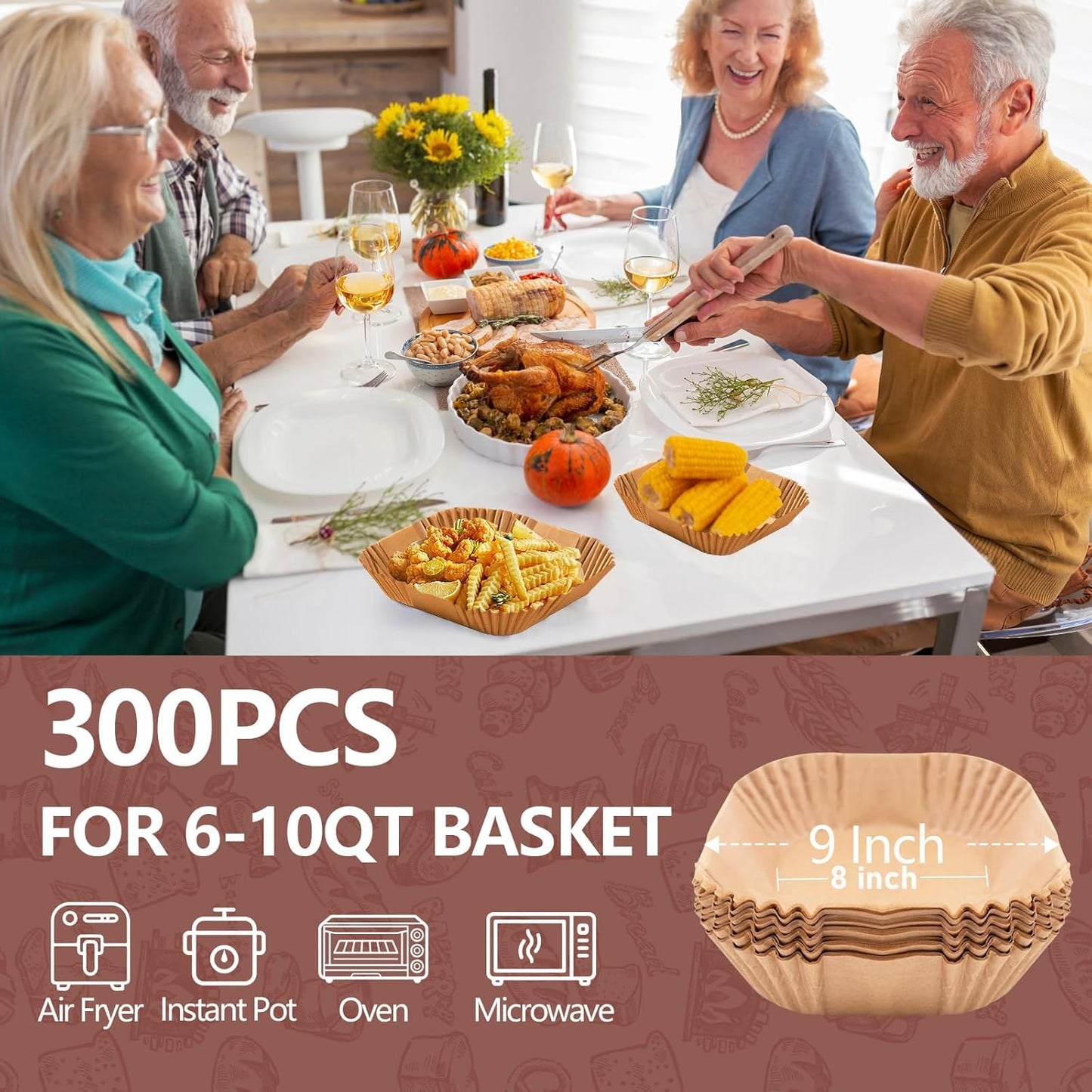 UBeesize 9 Inch Air Fryer Paper Liners,300 PCS Parchment Paper, Air Fryer Disposable Paper Liners for Microwave, Non-Stick Sheets Square Free of Bleach（Bottom size 8 Inch）
