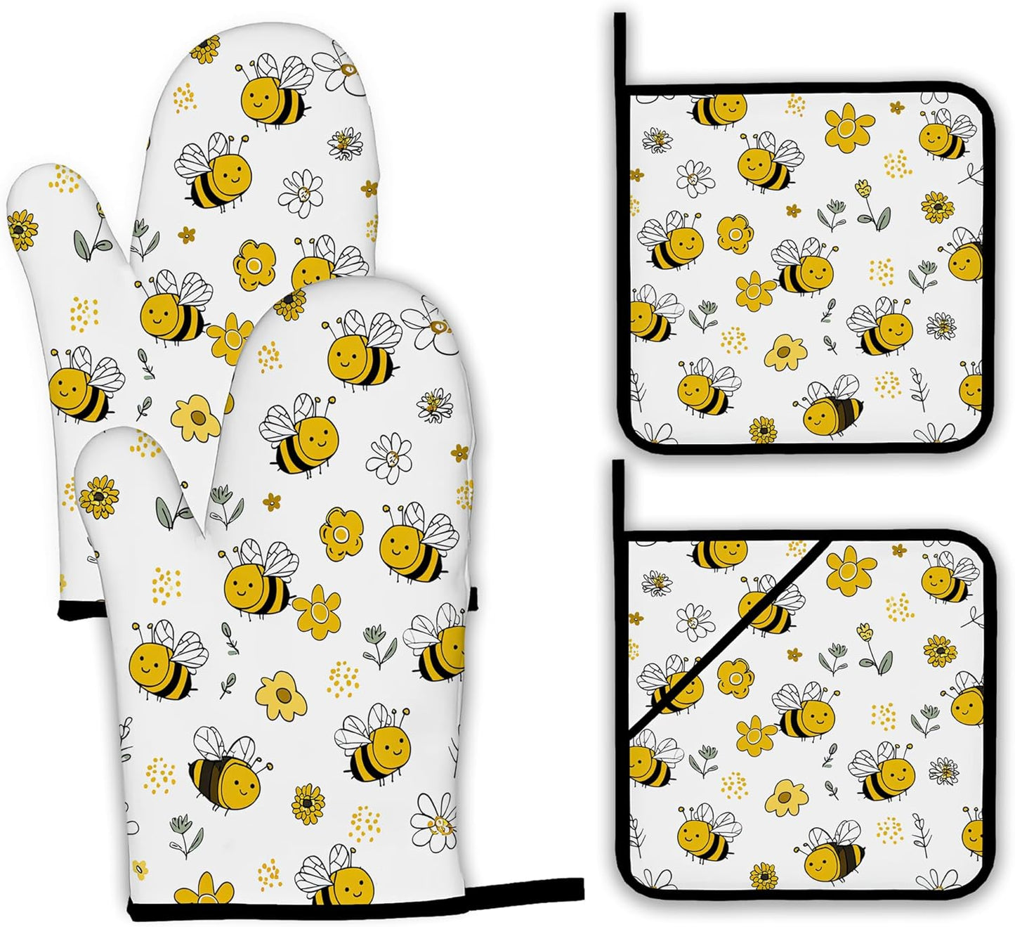 Cute Bee Oven Mitts and Pot Holders,Flower Heat Resistant Oven Mitts Gloves and Pot Holder for Home Kitchen Decorations Cooking Baking BBQ Gifts,Set of 4
