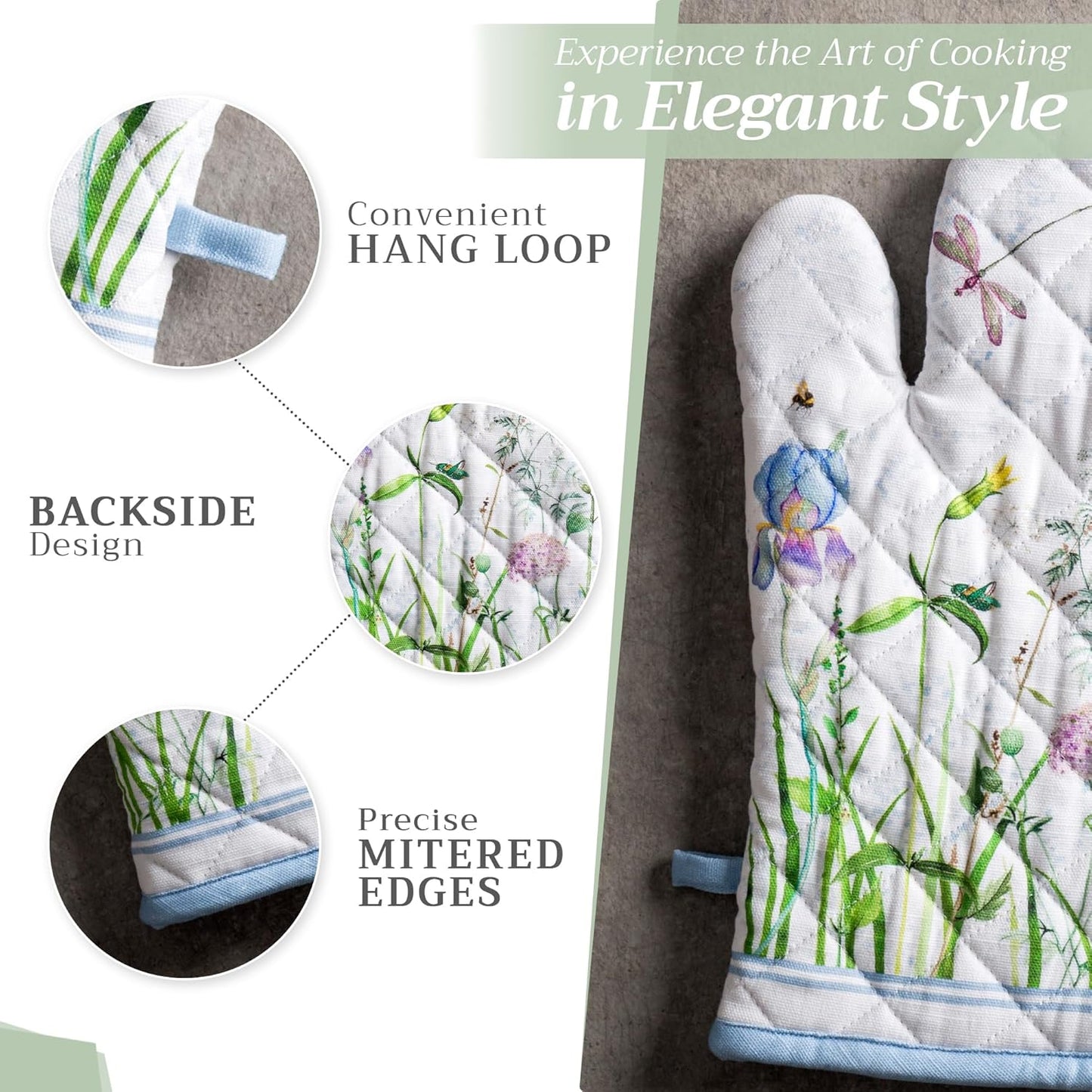 Maison d' Hermine 100% Cotton Oven Mitt & Pot Holder Set (7.5"x13" & 8"x8") Heat Resistant BBQ Cooking Gloves with Loop, Baking, Grilling, Kitchen, Handling Hot Pans Spring/Summer (Fleurs De Mai)