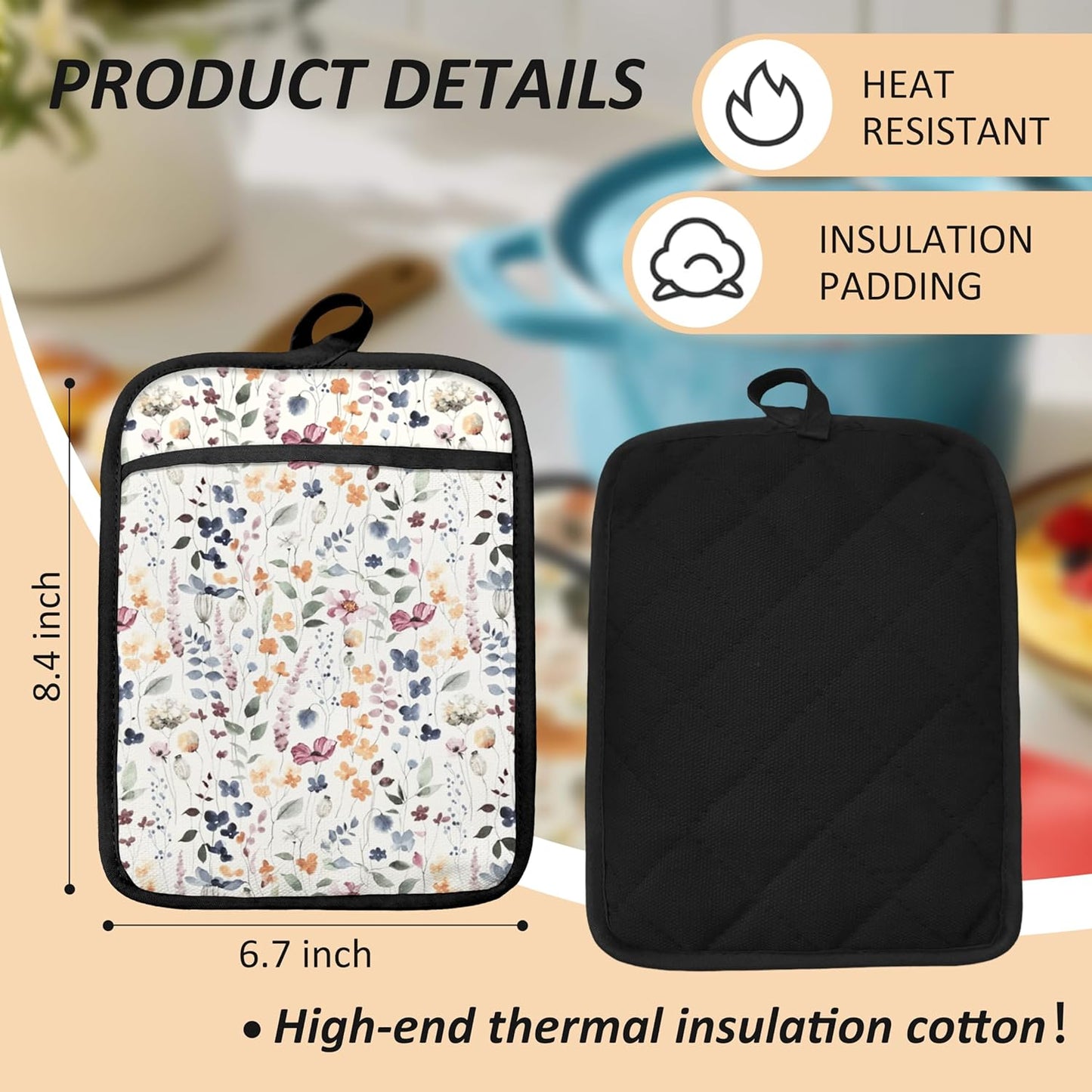 Vintage Floral Oven Mitts Set, Colorful Wildflowers Floral Heat Resistant Kitchen Oven Gloves for Baking and Cooking,Pot Holders