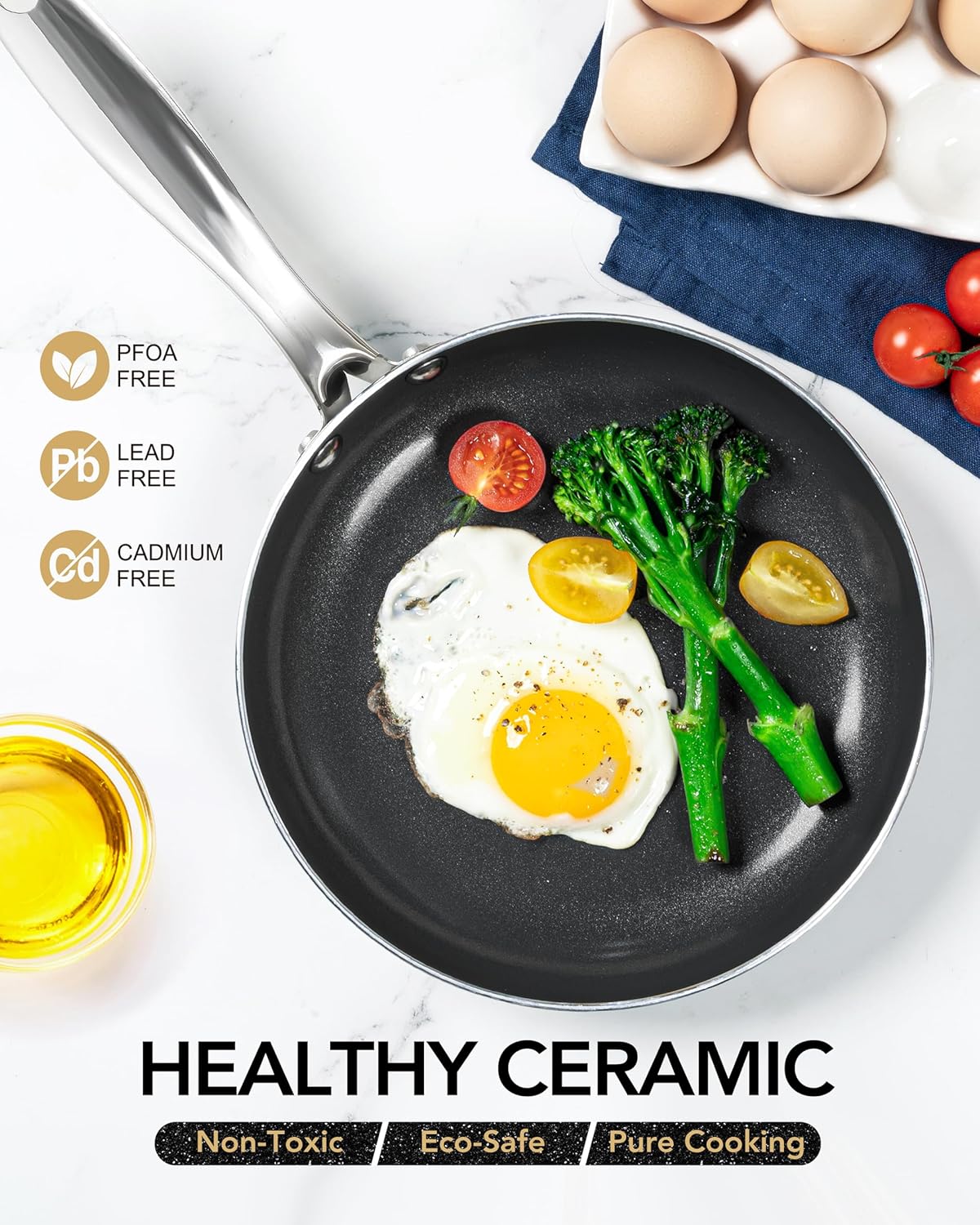 MICHELANGELO Ceramic Frying Pan - 10 Inch Frying Pan Nonstick with Lid, Non-Toxic Skillet with Stainless Steel Handle, Nonstick Skillet, Black