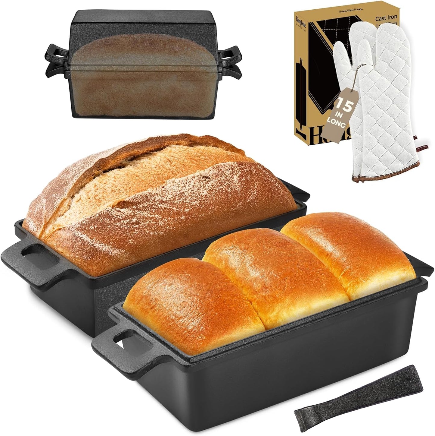HONGBAKE 2 in 1 Cast Iron Bread Pan with Lid, Lid Lever, Long Oven Mitts, 9x5 Loaf Pans for Homemade Bread, Sourdough Baking Pan, Pre-Seasoned Nonstick Rectangular Dutch Oven, Banana Bread Tins