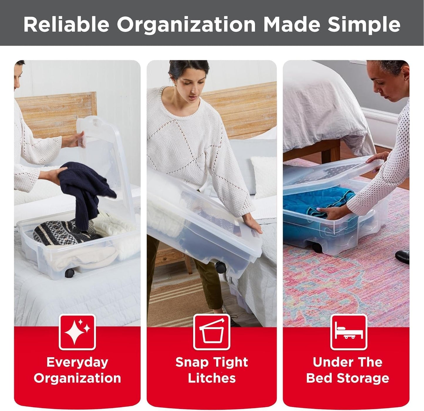 Rubbermaid Cleverstore Under the Bed 70 Qt Wheeled 2-Pack, Clear Storage Bins with Lids, Stackable, BPA-Free, Made in USA