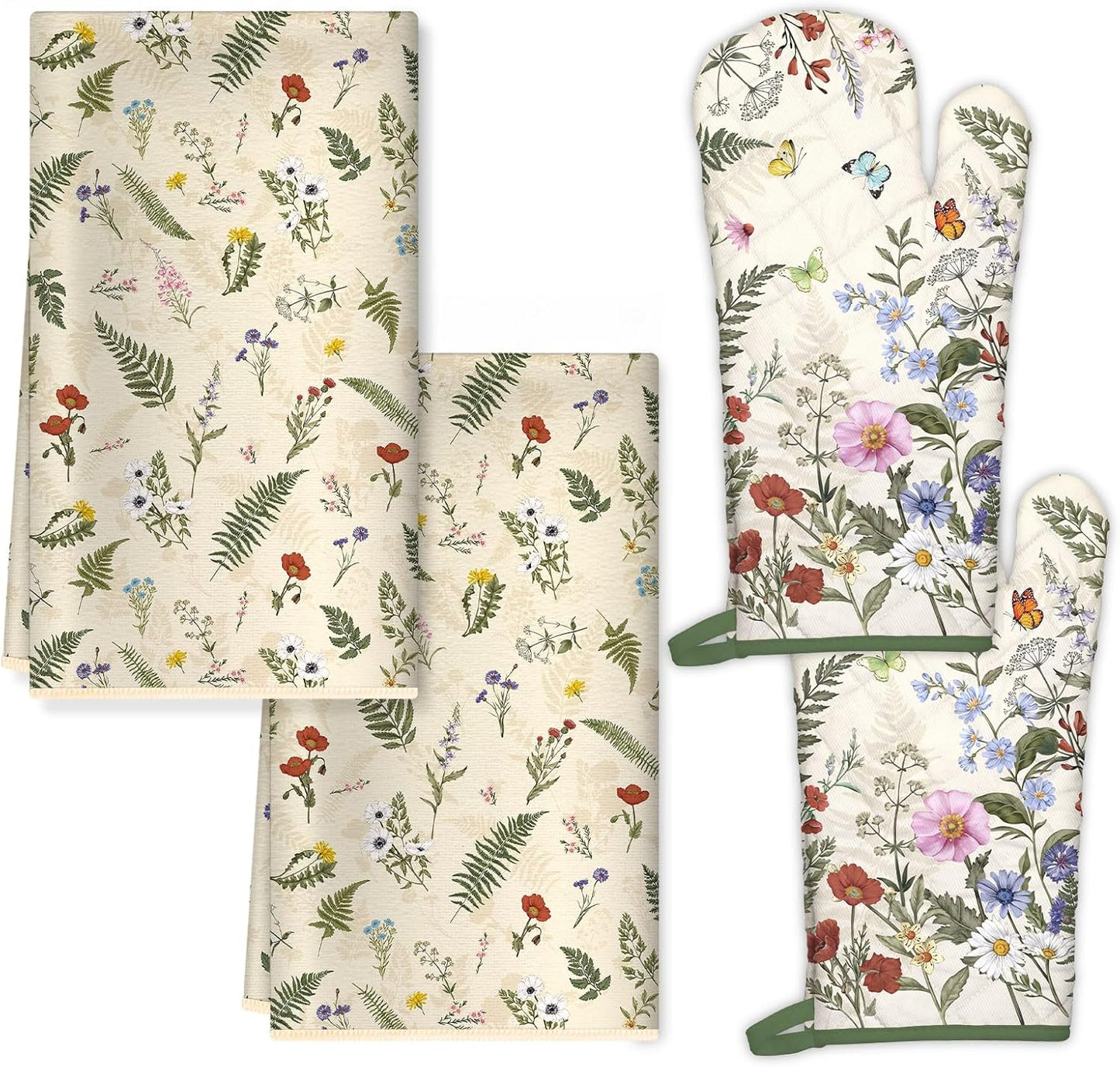 Rustic Flower Kitchen Towels and Oven Mitts Set 4Pcs, Soft Absorbent Dish Cloth Heat Resistant Oven Gloves for Cooking Baking Kitchen Decoration, Gifts for Her