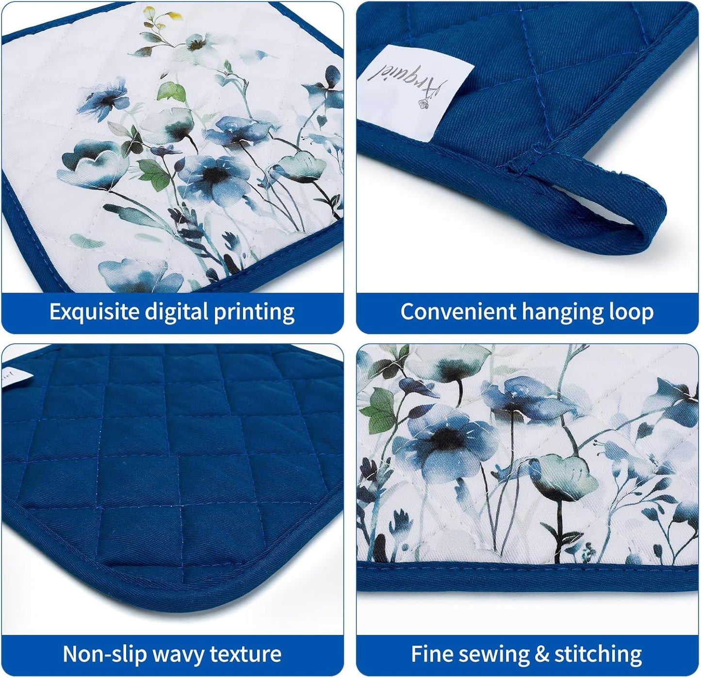 Blue Watercolor Flower Oven Mitts and Pot Holders Sets 100% Cotton Heat Resistant, Extra Long Oven Gloves Potholder for Kitchen Cooking Baking Housewarming