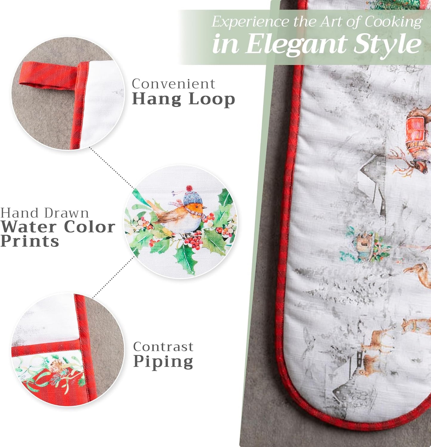 Maison d' Hermine Double Oven Mitts 100% Cotton 7"x35" Double Oven Mitt Heat Resistant BBQ Cooking Gloves with Loop, Baking, Grilling, Home, Kitchen, Handling Hot Pans (Christmas Tradition)