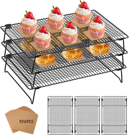 SHOUNAJIA Cooling Rack for Cooking and Baking, 3-Tier Stackable Wire Cooling Rack with Legs for Cooling Cookie, Pizza, Cake, Baking Paper 100 Pcs, 17" x 11", L