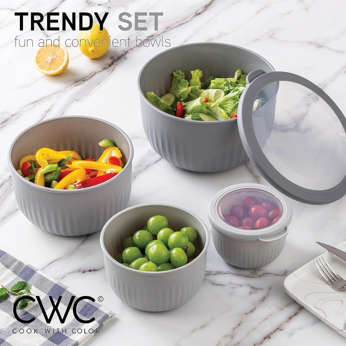 COOK WITH COLOR Prep Bowls with Lids- Wide and Deep Nesting Plastic Small Mixing Bowl Set with Lids, 12 Piece Set - Deep Bowls, Gray