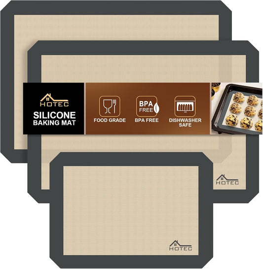 HOTEC Silicone Baking Mats 3 Pack – Non-Stick Reusable Silicone Baking Sheets for Oven – Cookie & Macaron Mats – 2 Half Sheet + 1 Quarter Sheet – BPA-Free, Dishwasher Safe