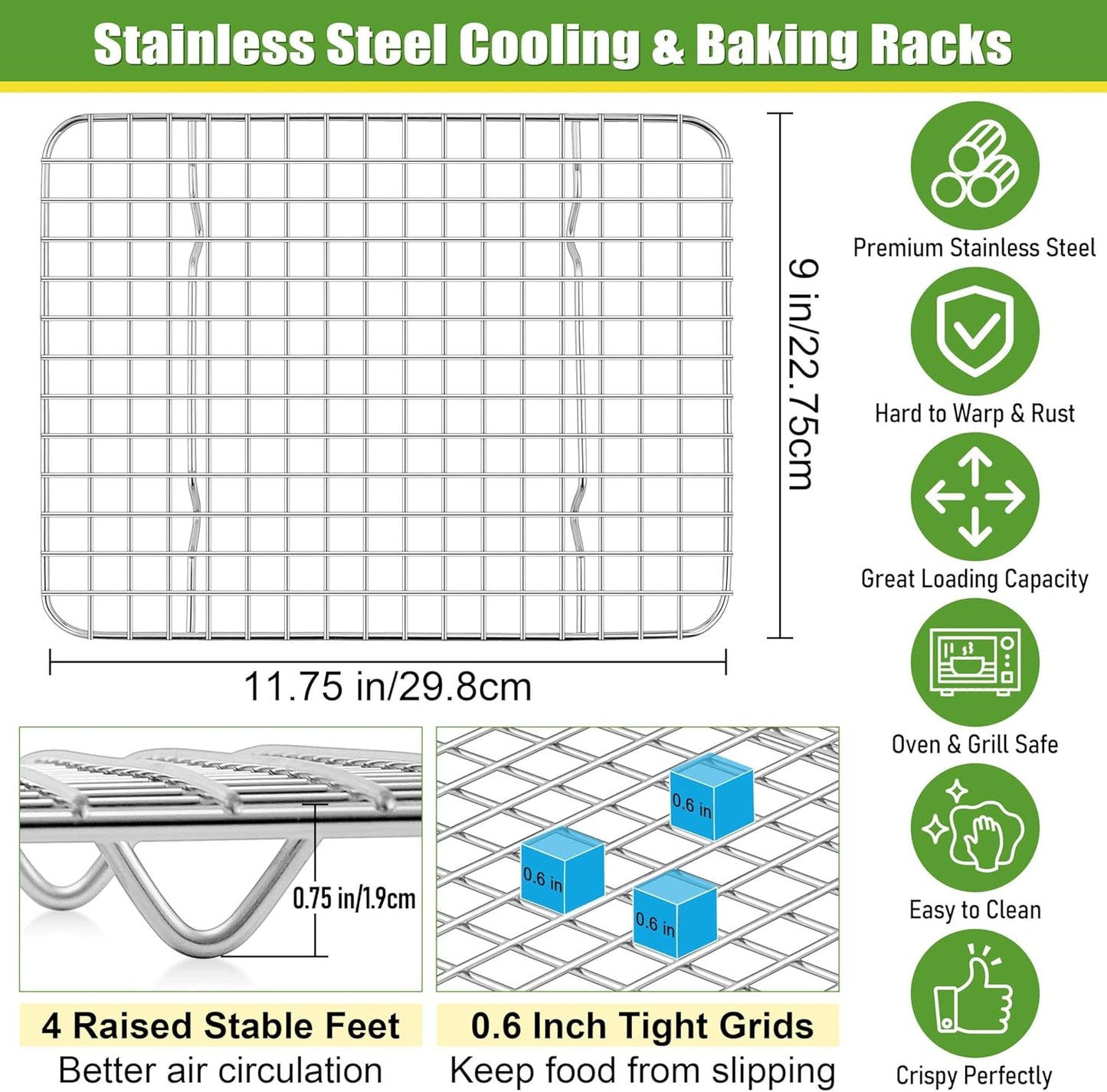 Homikit 2 Pack Cooling Rack Set, 12" x 9" Stainless Steel Baking Rack for Bacon Bread Pizza, Metal Wire Oven Racks for Cooking Roasting Fit Quarter Sheet Pan, Rust Free & Dishwasher Safe