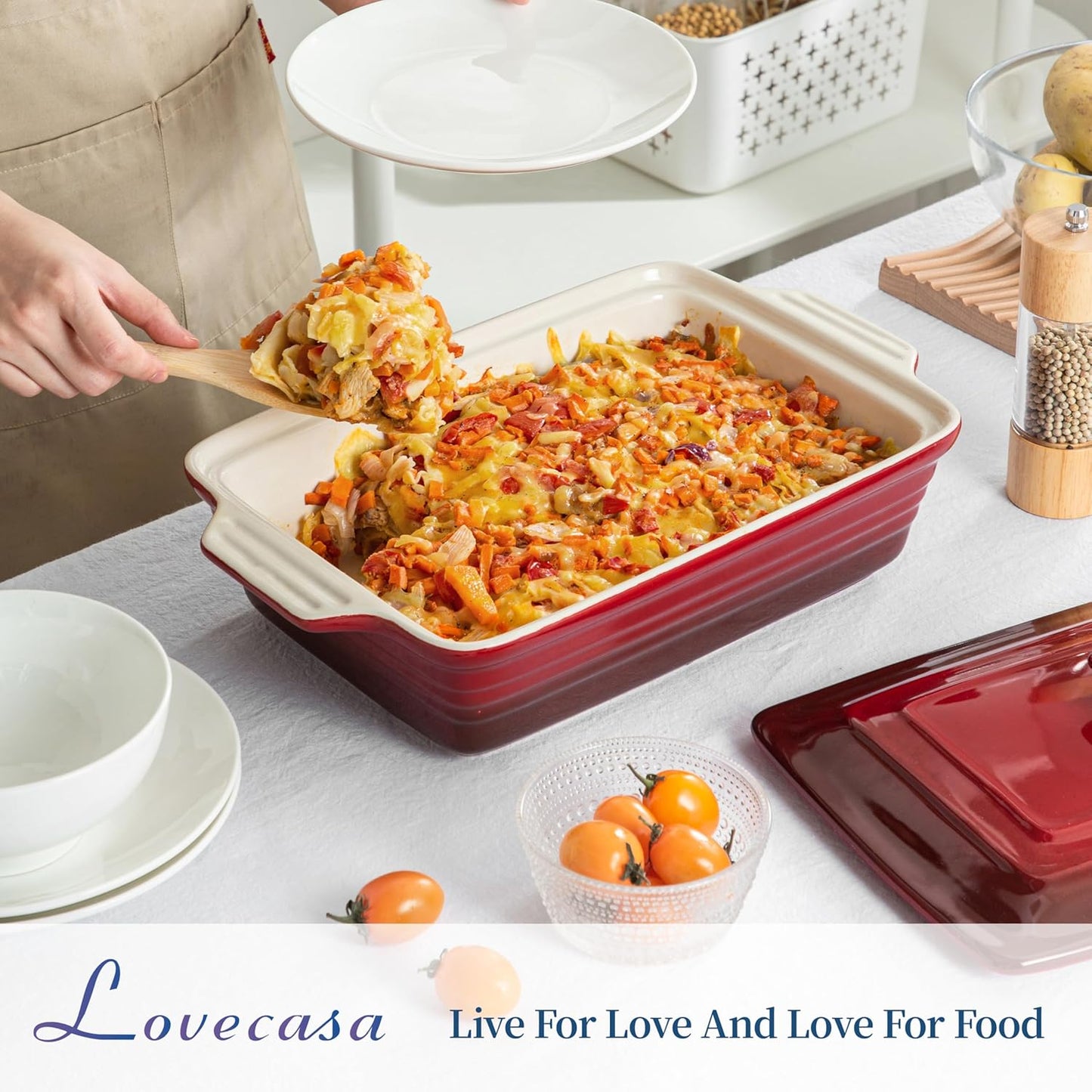 LOVECASA 4.5 Quart Ceramic Casserole Dish with Lid, 9x13 Baking Dish for Oven, Lasagna Pan Deep with Handles, Stoneware Bakeware, Oven & Dishwasher Safe, Gradient Red