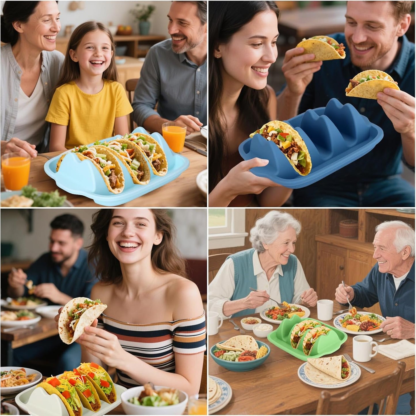 Juome Upgraded Silicone Taco Holder 2 Packs - Reusable Taco Plates with Dividers, Taco Rack Holders Stand for Hard/Soft Taco Shell Holder, Taco Party Serving Tray Plates, Dishwasher & Microwave Safe