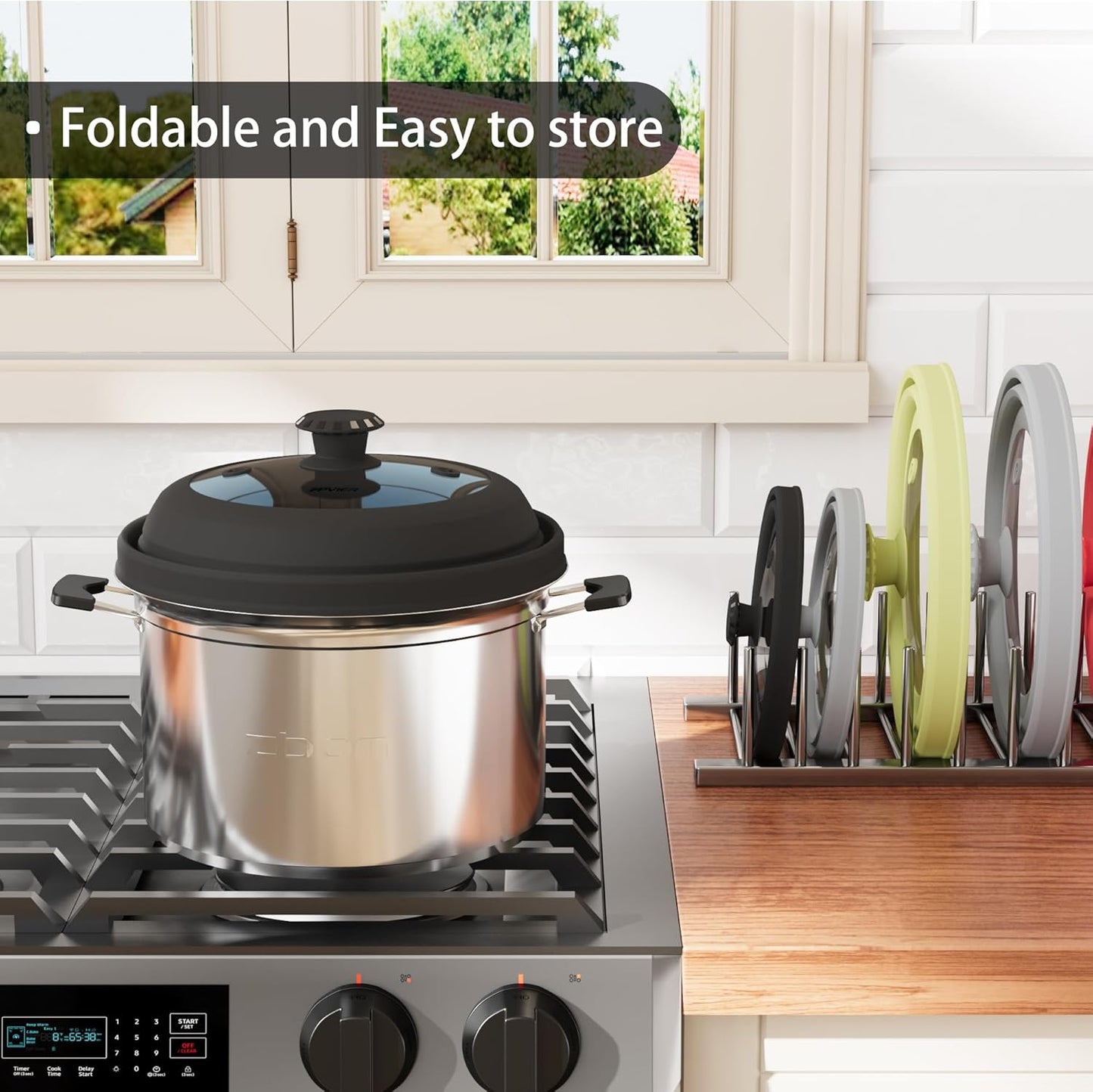 Collapsible Microwave Splatter Cover - Vented Silicone & Glass Lid with Easy-Grip Handle, Fits 6 to 11 Inch Plates & Bowls, 11.8 Inch Diameter, Prevents Splatters & Ensures Even Heating