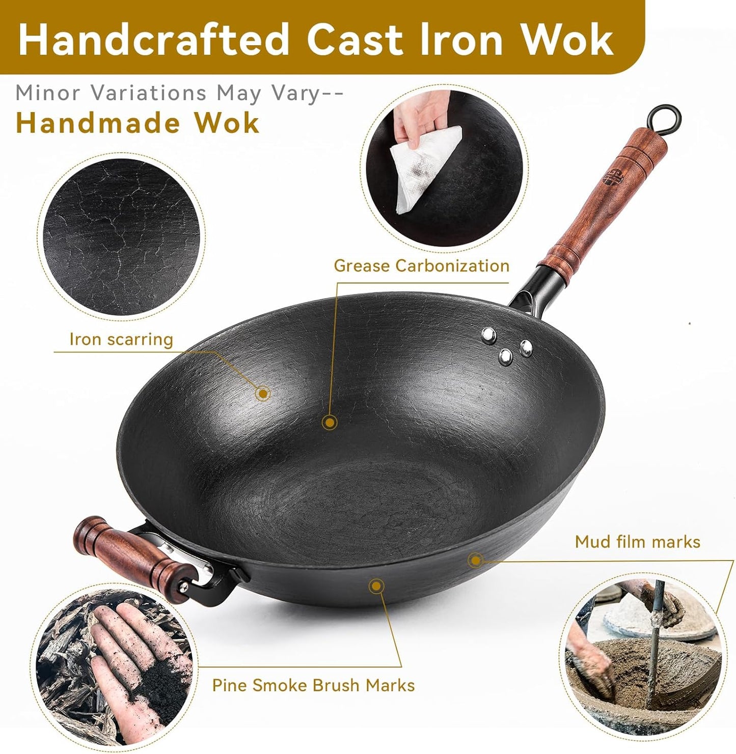 WANGYUANJI 14.2 Inch Cast Iron Wok with Glass Lid – Extra Large Flat Bottom Wok for Stir Fry, Steaming, Braising, Compatible with All Stovetops, Black