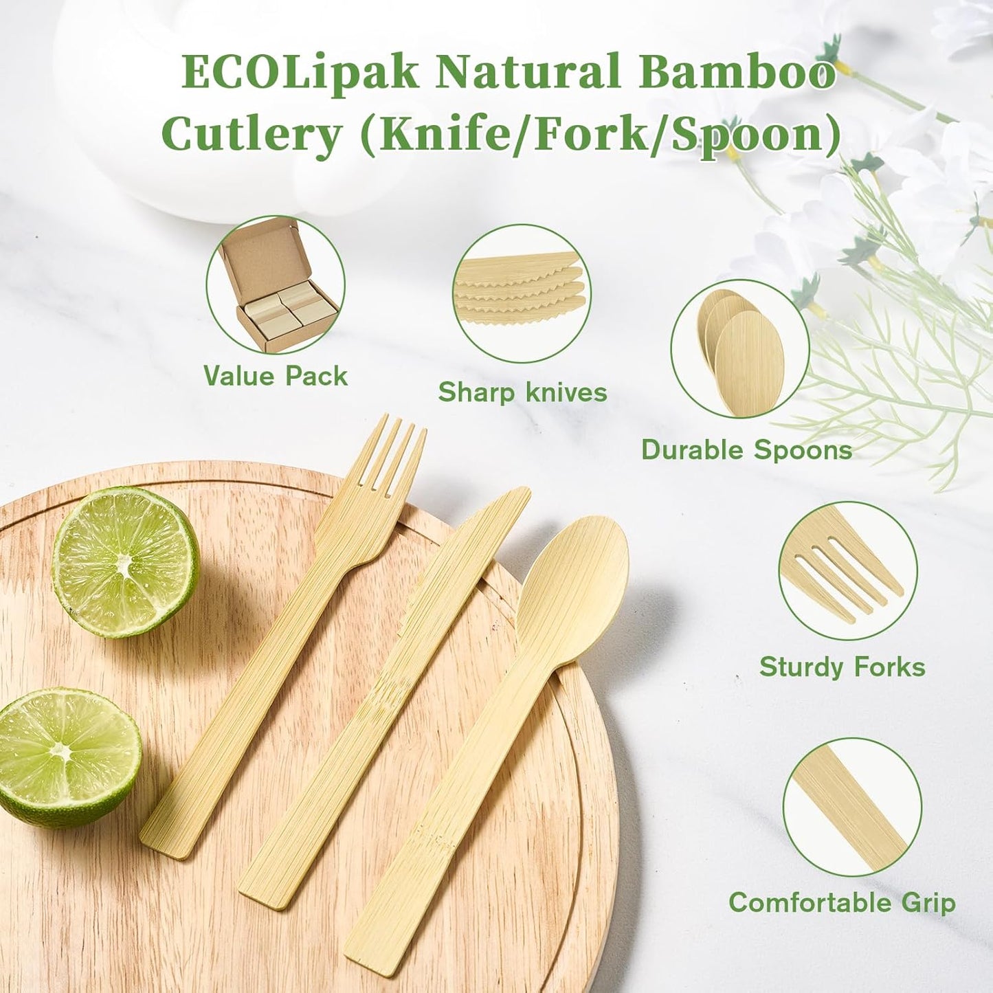 ECOLipak 300 Count Bamboo Cutlery Set, 100 Knives, Forks and Spoons each, No Splinters Disposable Cutlery Set Compostable Utensils for Party, Camping, Traveling, Family Dinners