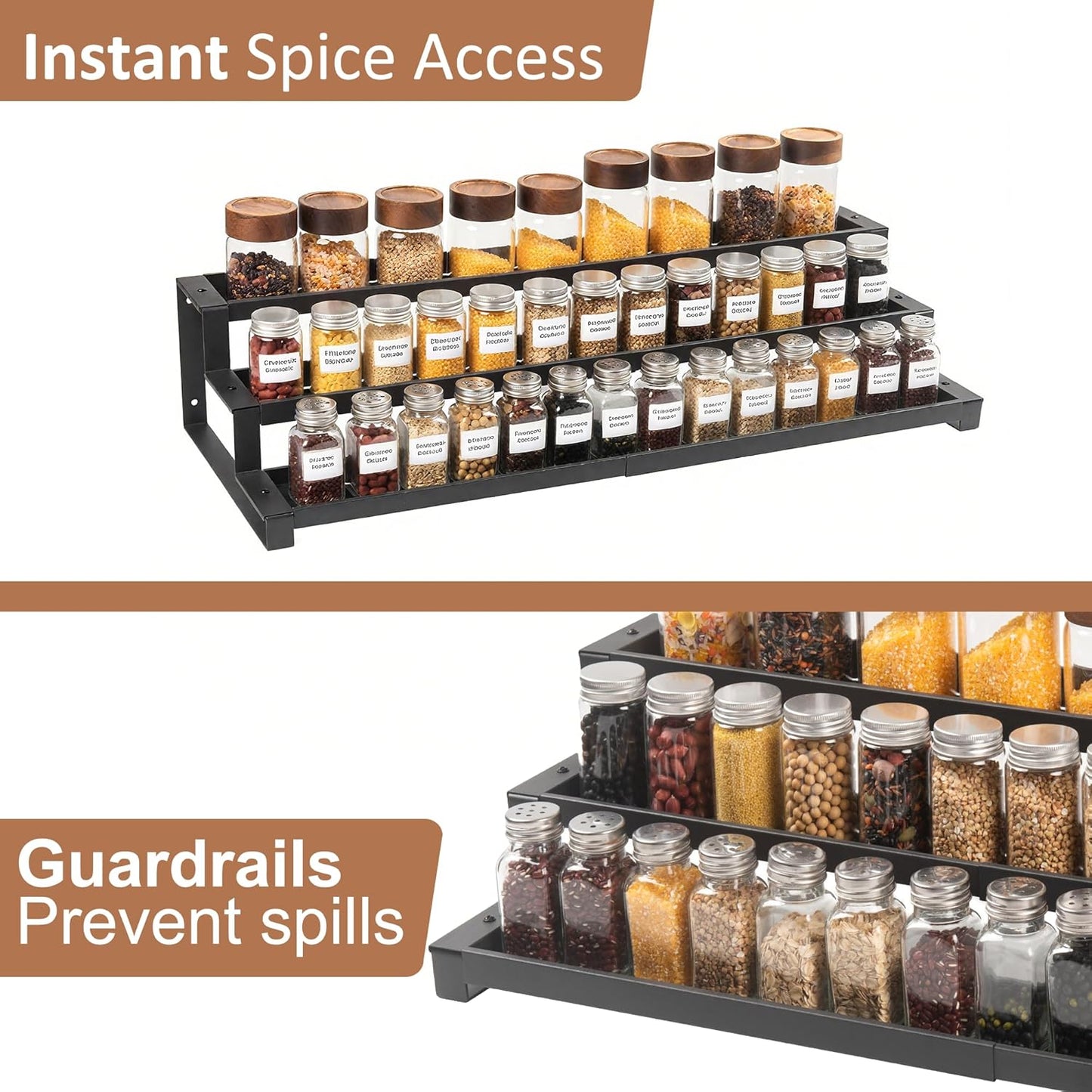 GOENDR Expandable Spice Rack Organizer for Cabinet, 3 Tier Metal Spice Organization,16"-29.5" Wide Adjustable Seasoning Organizer, Display Shelf, Canned Goods Organizer for Pantry Kitchen Countertop