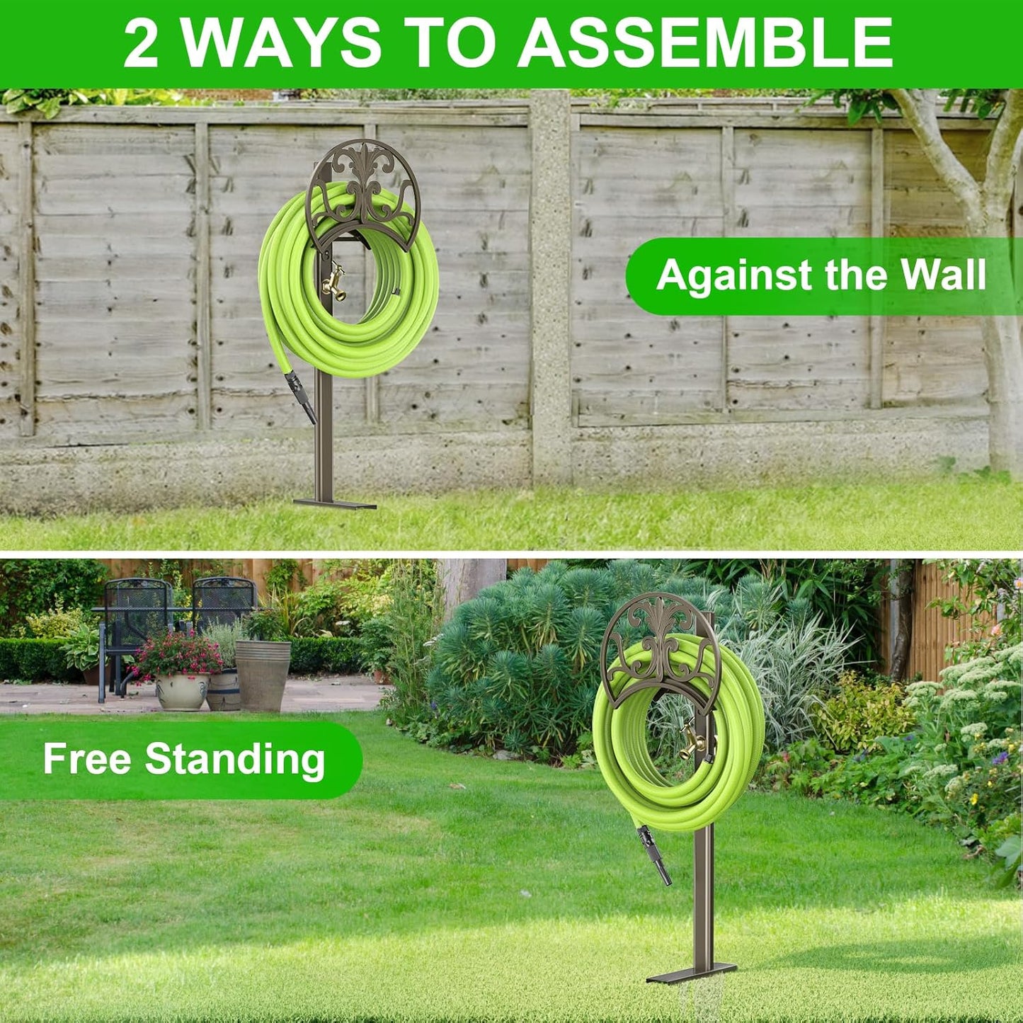 GOFORWILD Garden Hose Stand with Brass Faucet, Detachable Heavy Duty Water Hose Holder, Freestanding Metal Hose Reel Decorative Storage Hanger Holds 150-Feet Hose for Outside Patio Lawn Yard