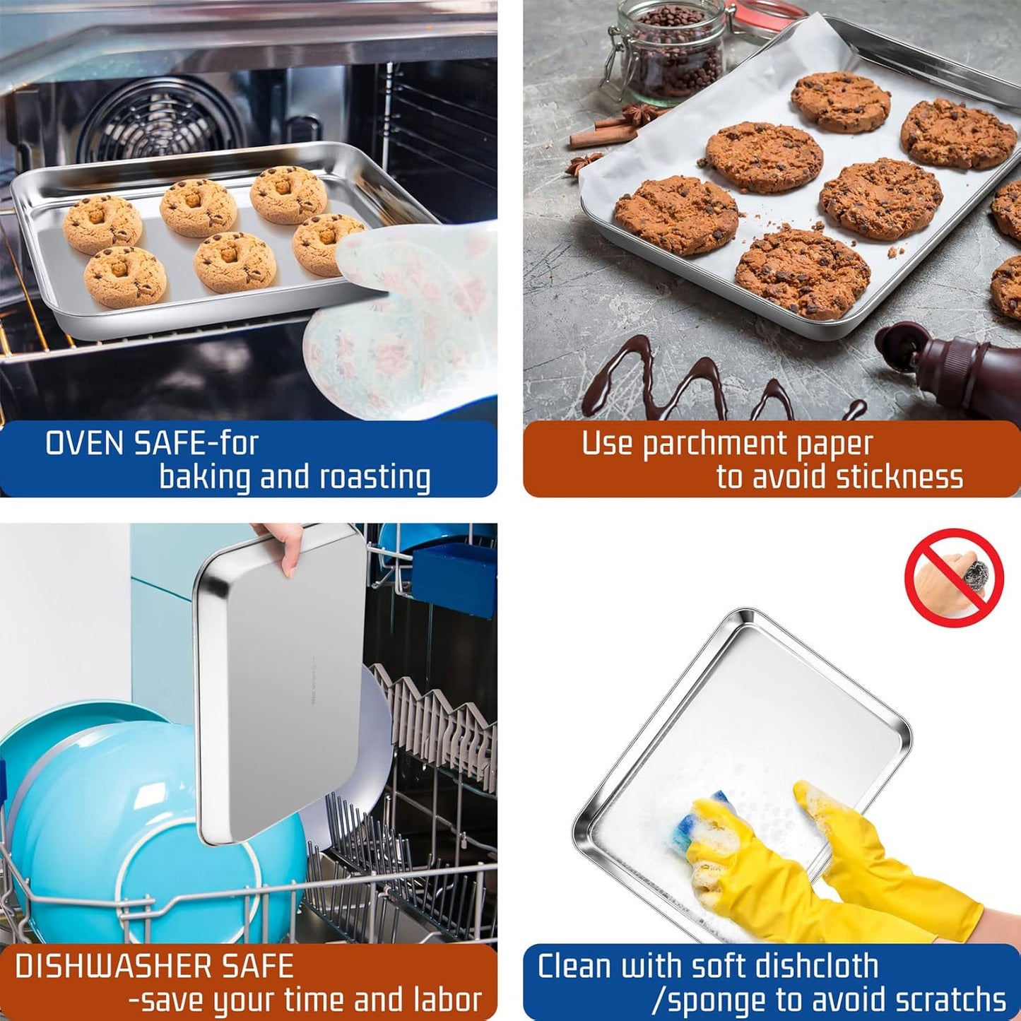 P&P CHEF 10.5 Inch Baking Cookie Sheet, Oven Pan Tray Stainless Steel Sheet Pan for Kitchen, Oven Bakeware for Multi Uses, Shiny Look & Dishwasher Safe, Healthy & Heavy Duty, 1Pc