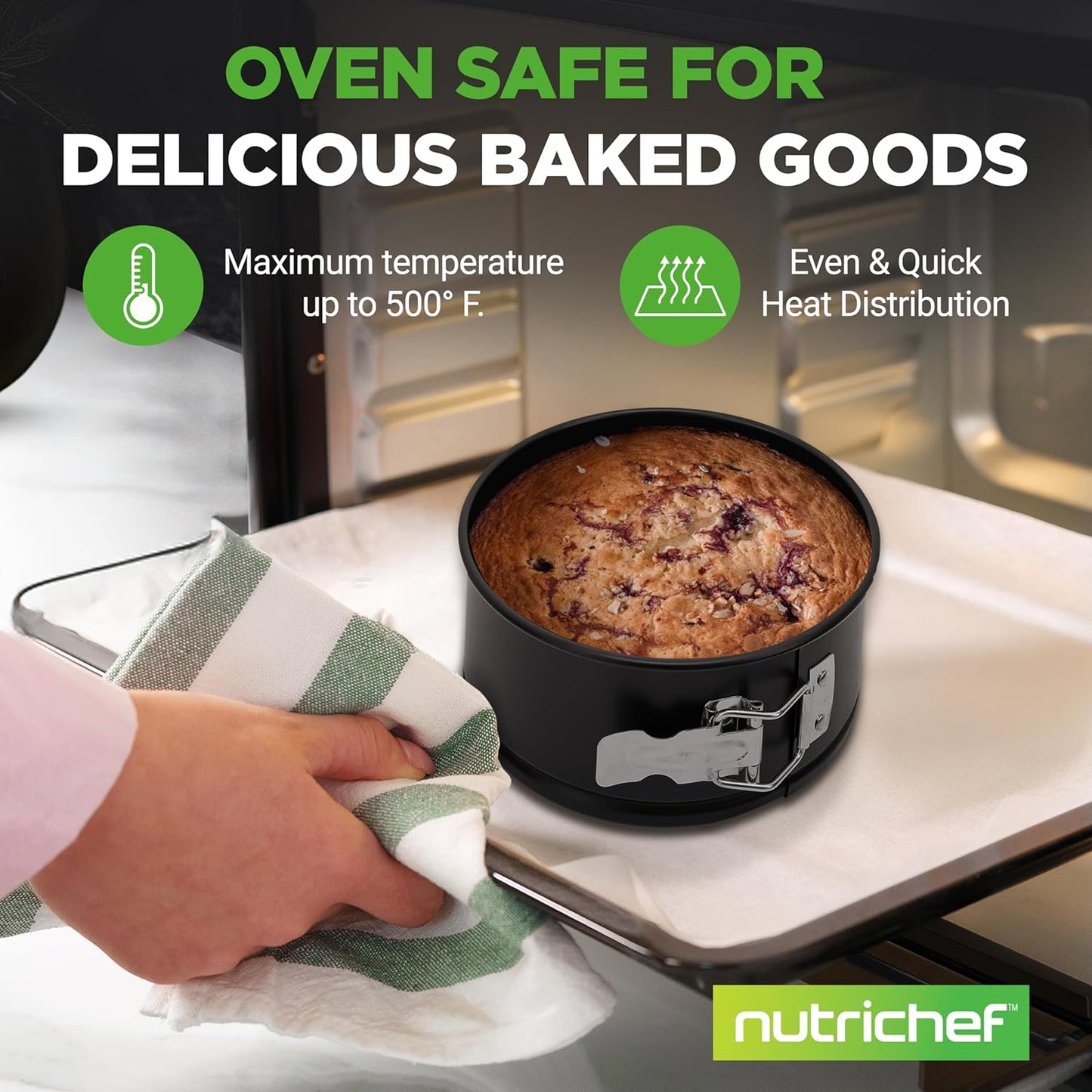 NutriChef 3 Piece Nonstick Springform Pan Set | 3 Tiered Sizes 6, 8 & 10 Inch Pans | Carbon Steel Cheesecake Pans | Stainless Steel Clasps | Oven Safe to 450 F | Includes 300 Parchment Papers | Black