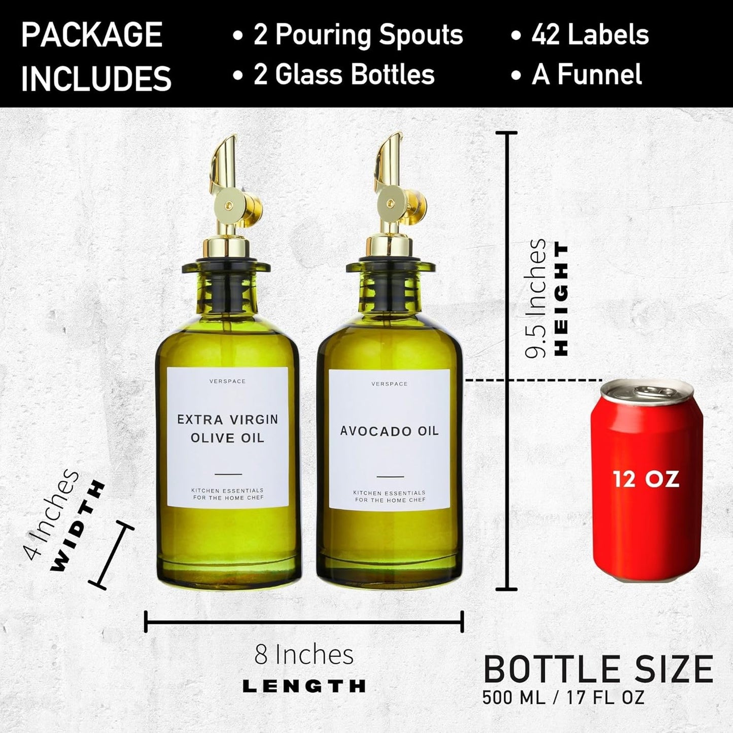 Green Glass Olive Oil Dispenser Bottle For Kitchen By Verpsace,Avocado Oil Dispenser Set, Modern Decor, Gold Kitchen Accessories for Home, Airbnb, Cafe (Gold, Set of 2)