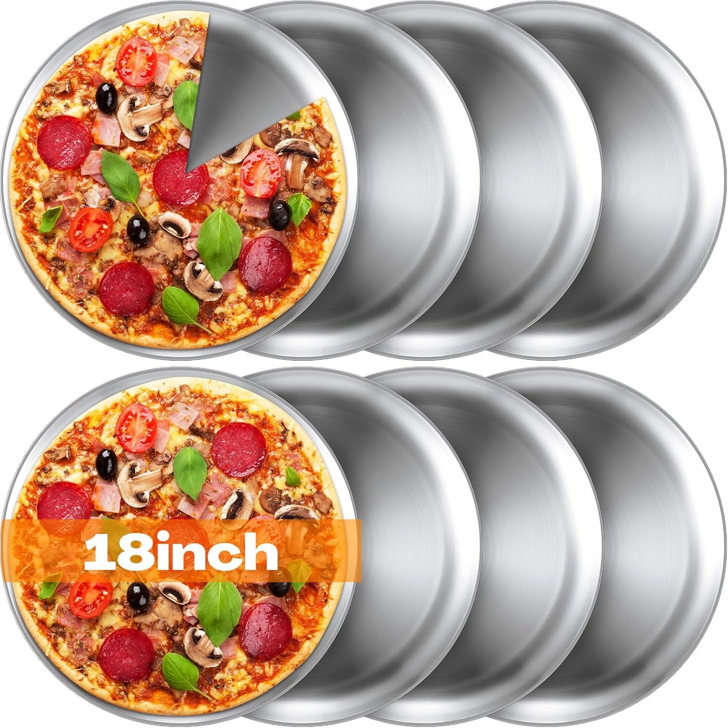 Thenshop 8 Pieces 18 Inch Pizza Pans Bulk Stainless Steel Sets Round Bakeware Pizza Trays for Oven Kitchen Baking Home Restaurant Safe Sturdy Reusable Easy Clean(Matte Silver)