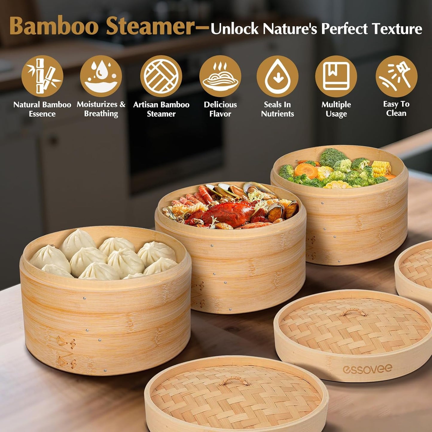 Bamboo Steamer 2 Tier 10-Inch Steaming Basket, Bun Vegetable Steam, Dumpling Steamer Bamboo Steam Basket, Chopsticks, Reusable Silicone Liner, Ring Adapter, for Chinese Asian Cuisine