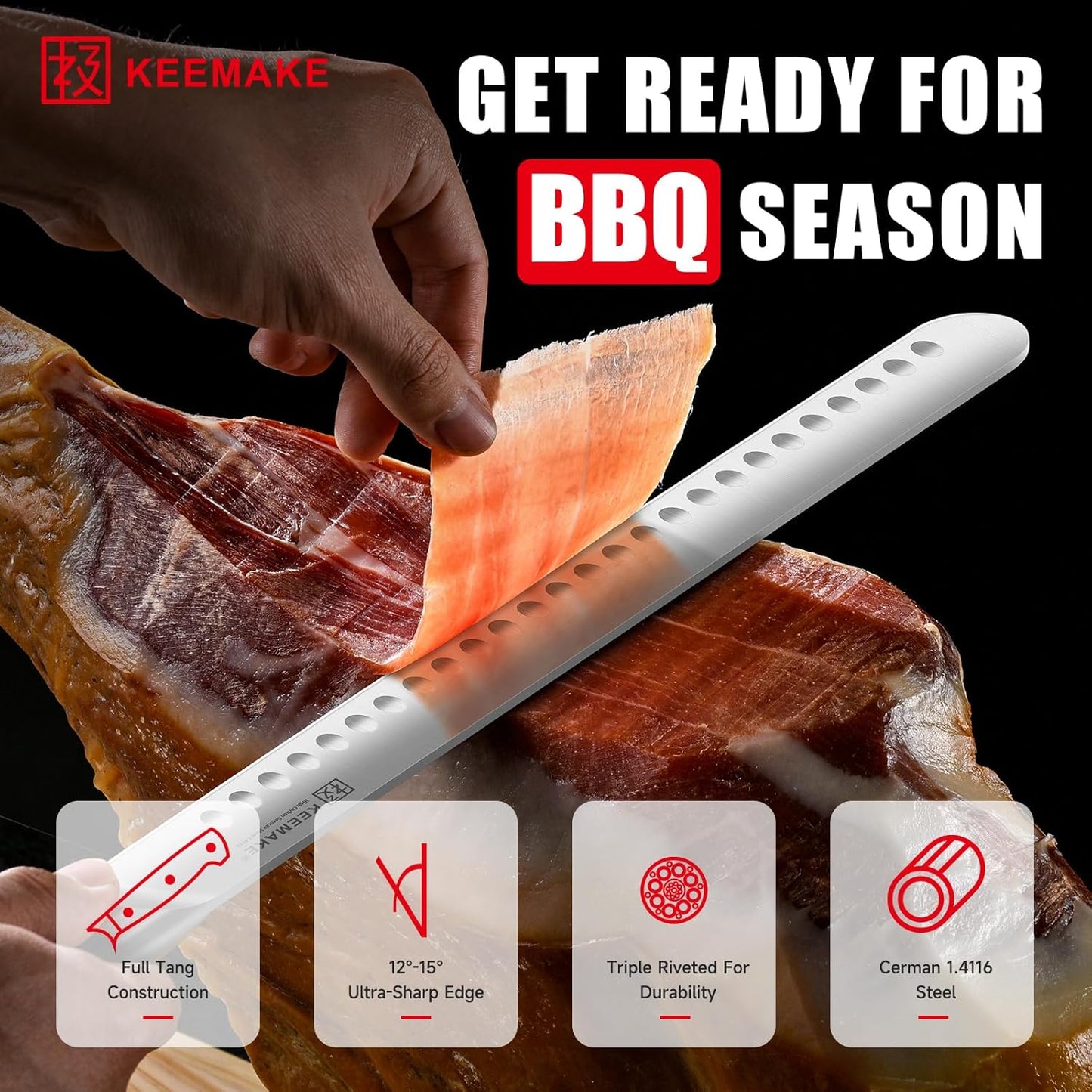 KEEMAKE Brisket Knife, 12" Carving Knife for Meat, Razor Sharp German Steel Kitchen Knives with Ergonomic Handle for BBQ Roasts Ribs Turkey Ham