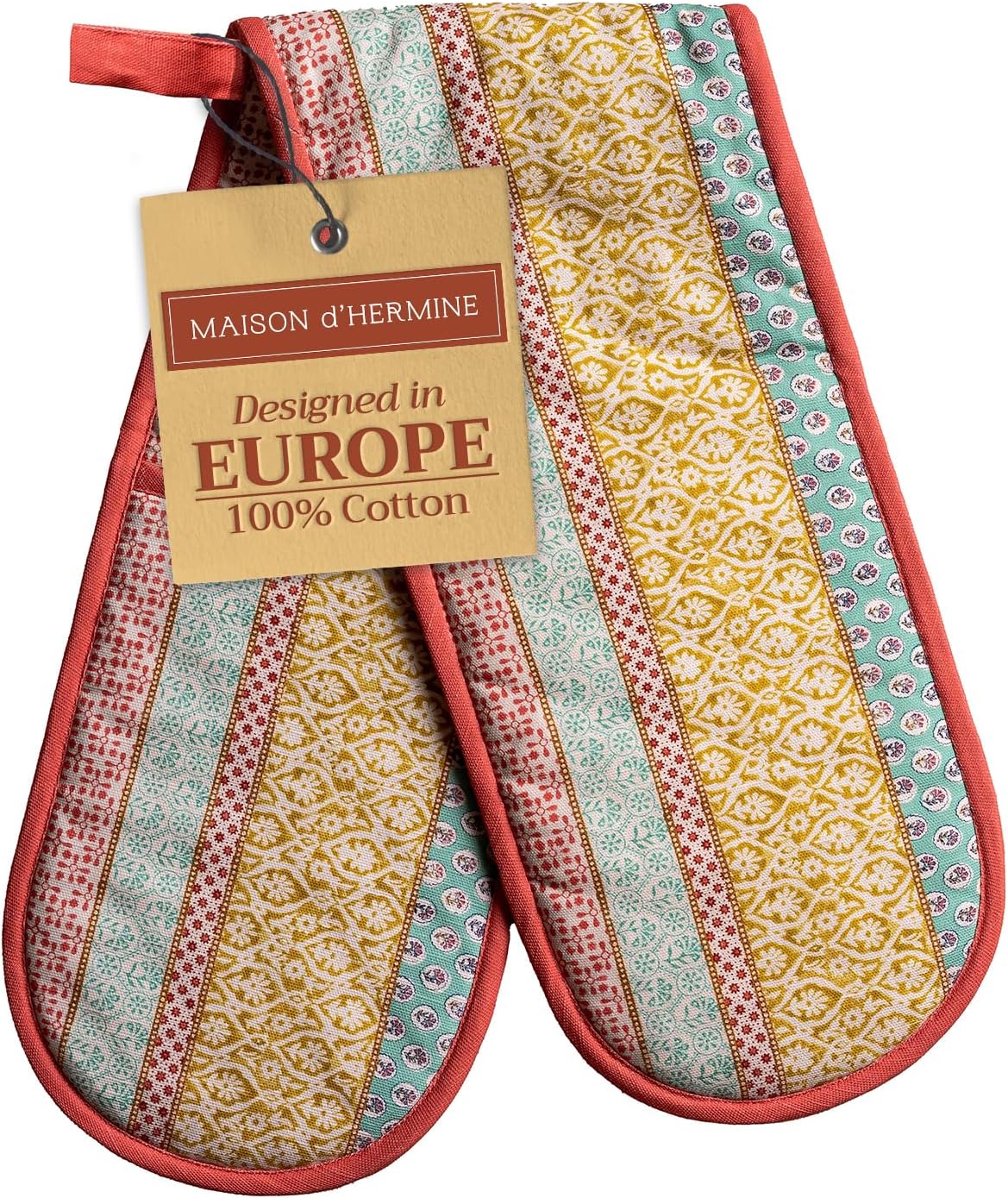 Maison d' Hermine Double Oven Mitts 100% Cotton 7"x35" Double Oven Mitt Heat Resistant BBQ Cooking Gloves with Loop, Baking, Grilling, Home, Kitchen, Handling Hot Pans Spring Summer (Provence)