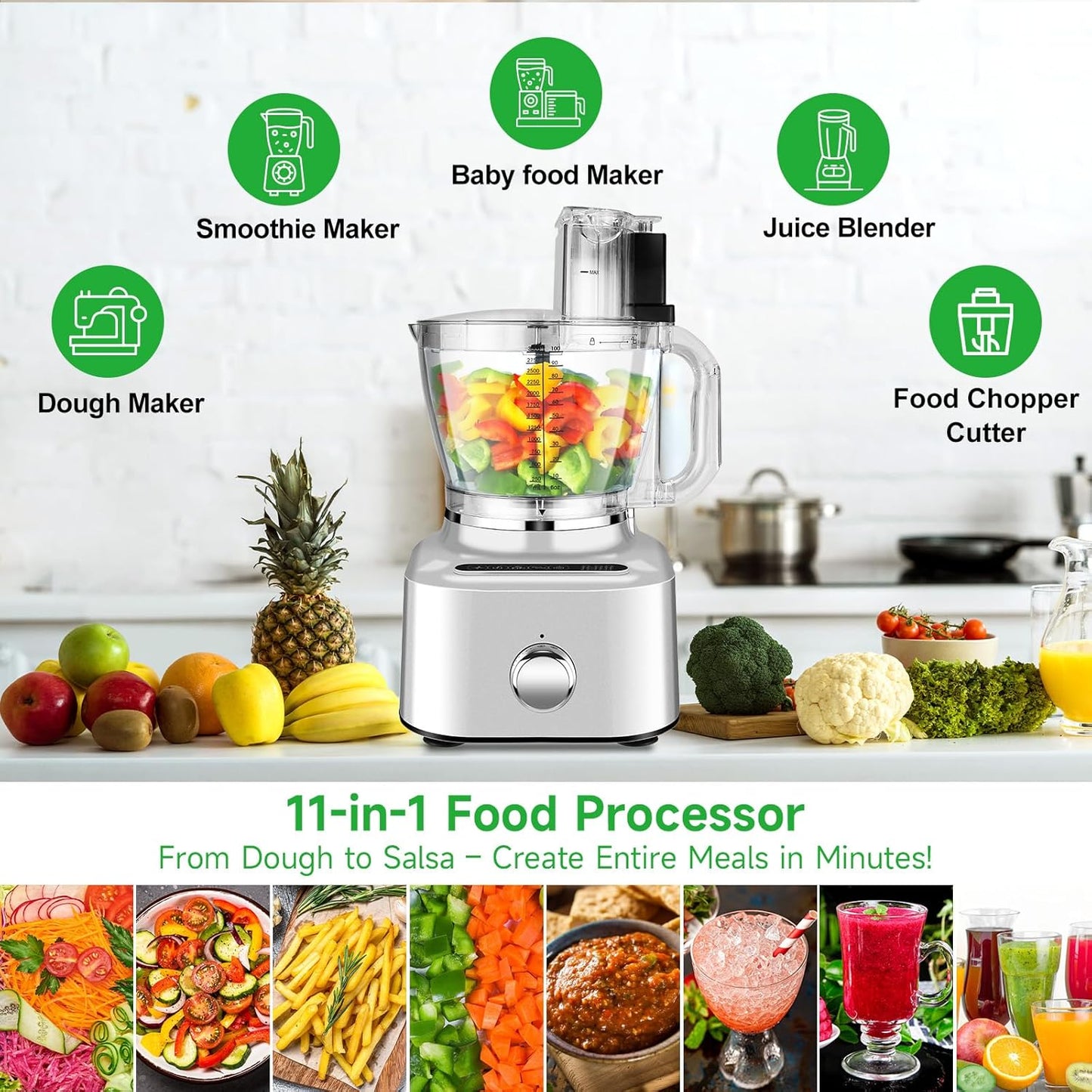 Homtone 16 Cup Food Processor, Large 11-in-1 Heavy Duty Food Processors and Blender Combo- 5 Preset Modes for Chopping,Shredding, Slicing, Kneading, Blending, Stepless Speed Control, 650W, Silver