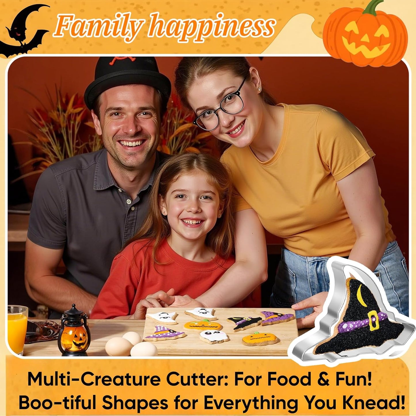 Halloween Cookie Cutters Set of 7 Stainless Steel Pumpkin Ghost Witch Hat Bat Cat Tombstone Skull Shapes for Halloween Party Supplies and Baking 50 Biscuit Bags Included