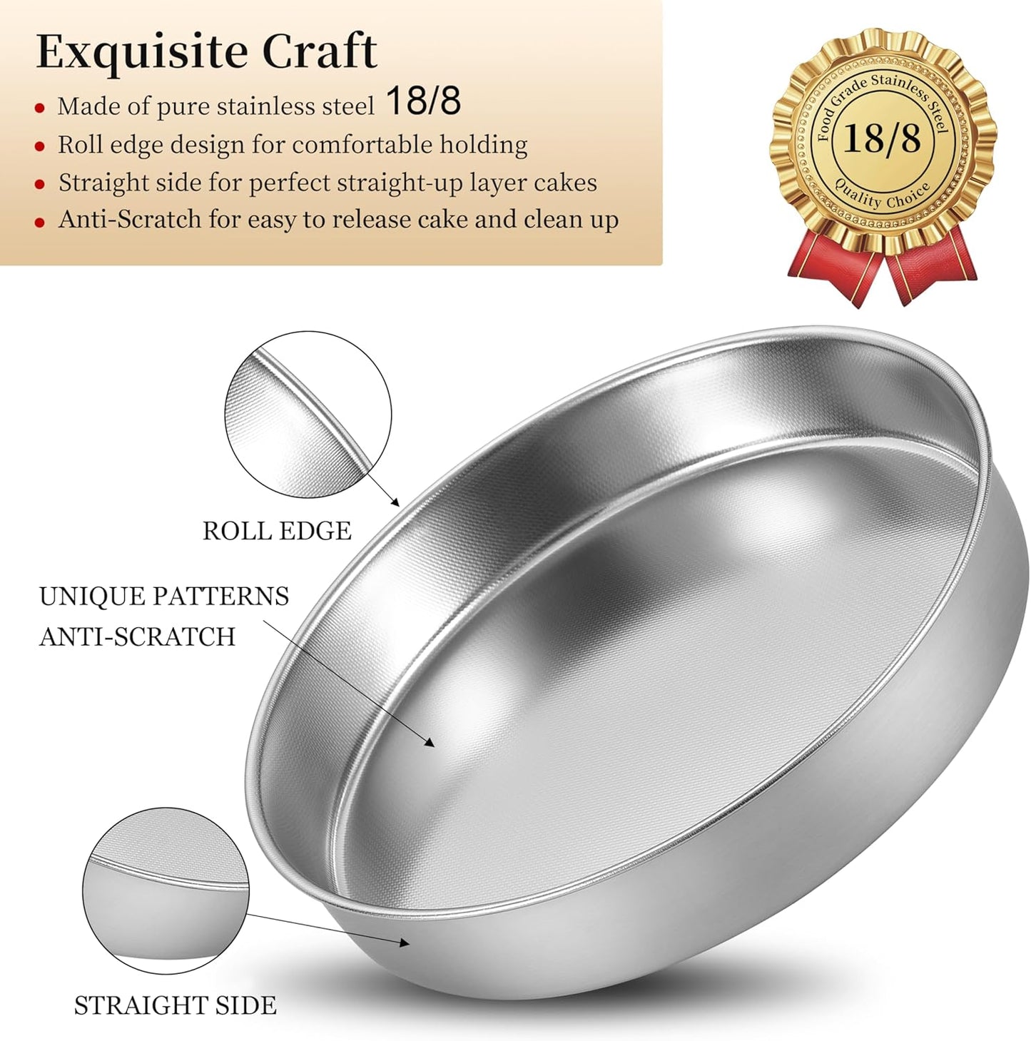 Inqibee Cake Pan Set of 3,18/8 Stainless Steel Round Cake Baking Pans,8-9.5-11 Inch,Physics Anti-Stick and Scratch,Non-Toxic and Easy Clean