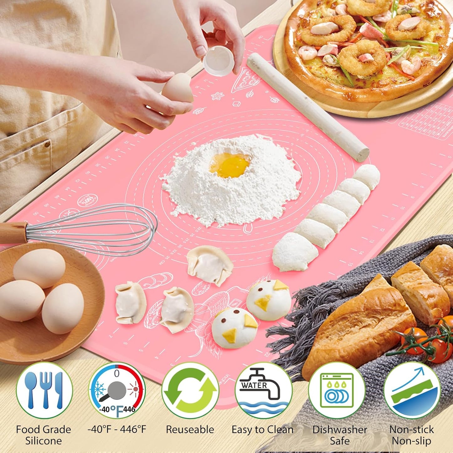 Silicone Pastry Mat 32" x 24" Extra Thick Non Stick Baking Mat with Measurements and Edge Heightening, Food Grade Silicone Rolling Mat for Pastry, Bread, Cookies, Pizza, Fondant, Pasta - Pink