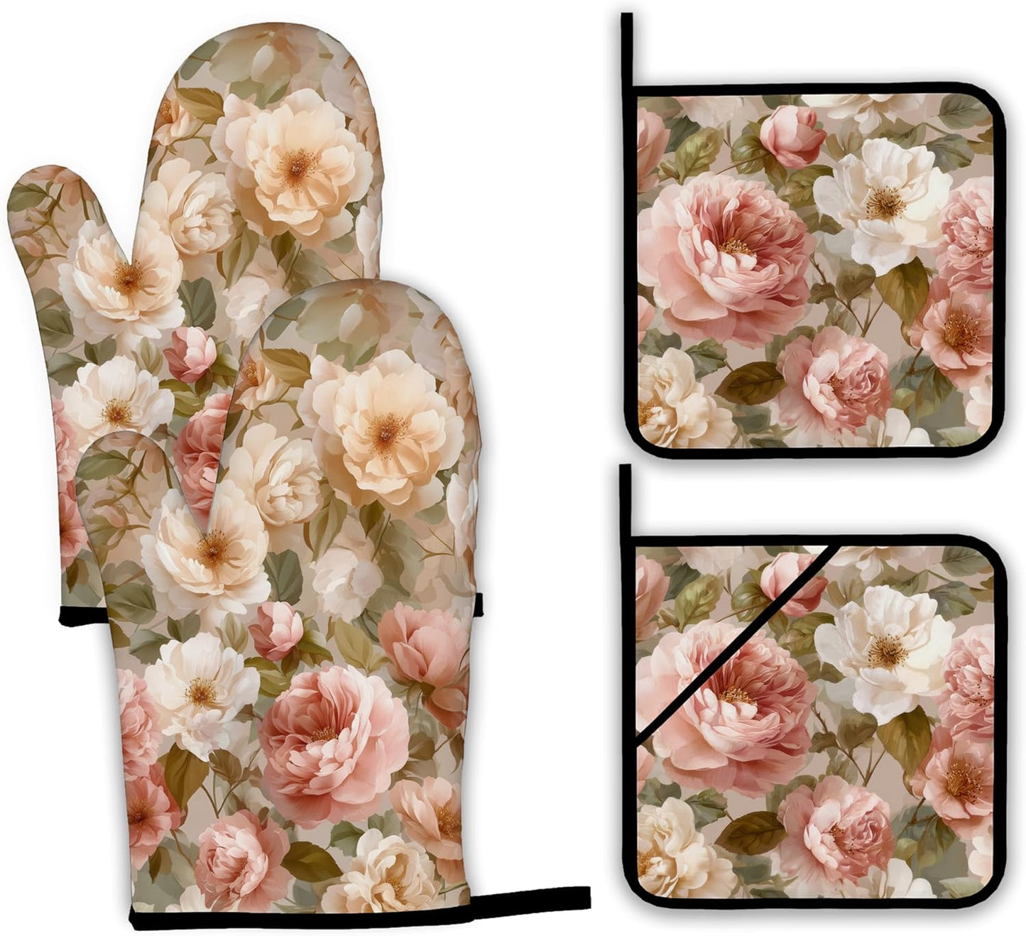Pink Roses Oven Mitts and Pot Holders Set,Peony Flower Kitchen Oven Gloves and Pot Holder with Heat Resistant Non Slip for Cooking Baking Grilling(4 Piece Set)