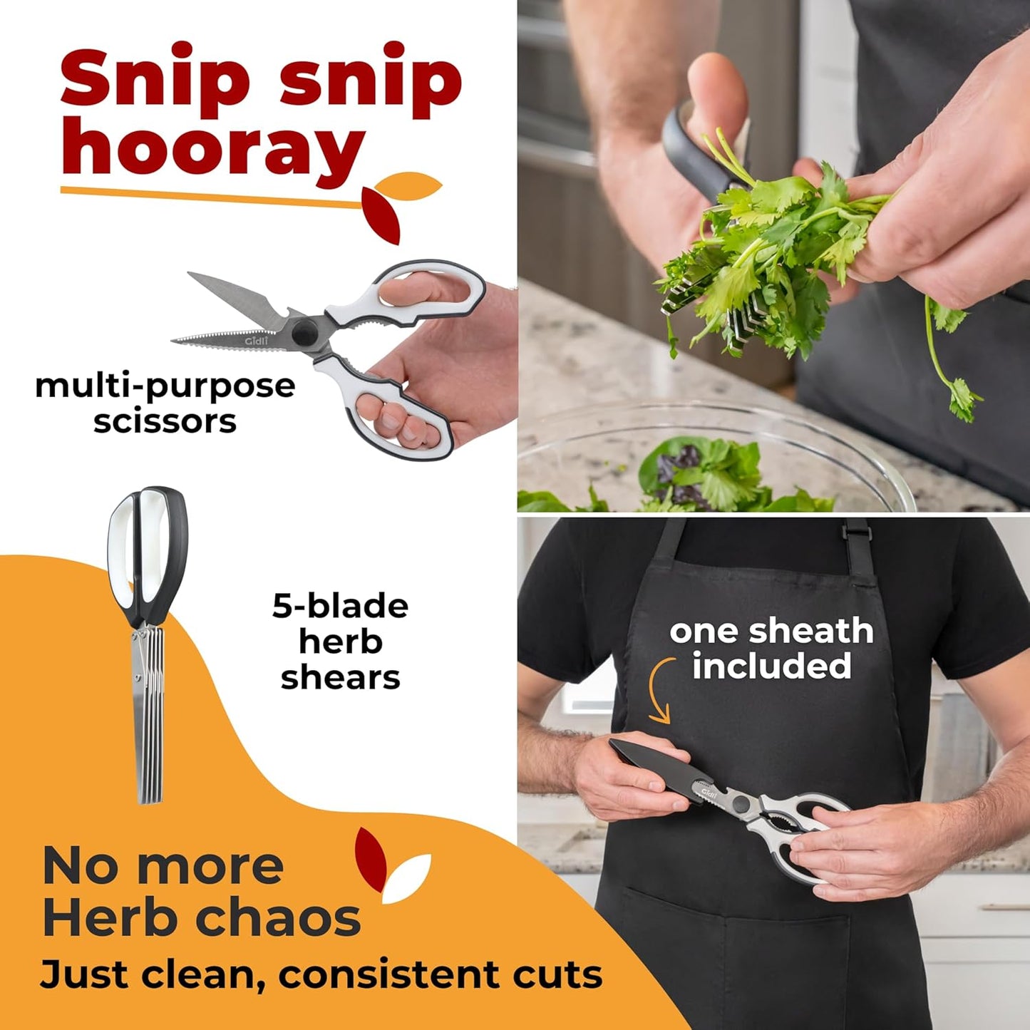 Gidli 2 Pack Herb Scissors & Kitchen Shears - Lifetime Replacement Warranty* - Herb Scissors with 5 Blades and Cover - Heavy Duty Vegetable Salad Multi Blade All-Purpose Food Shears Dishwasher Safe