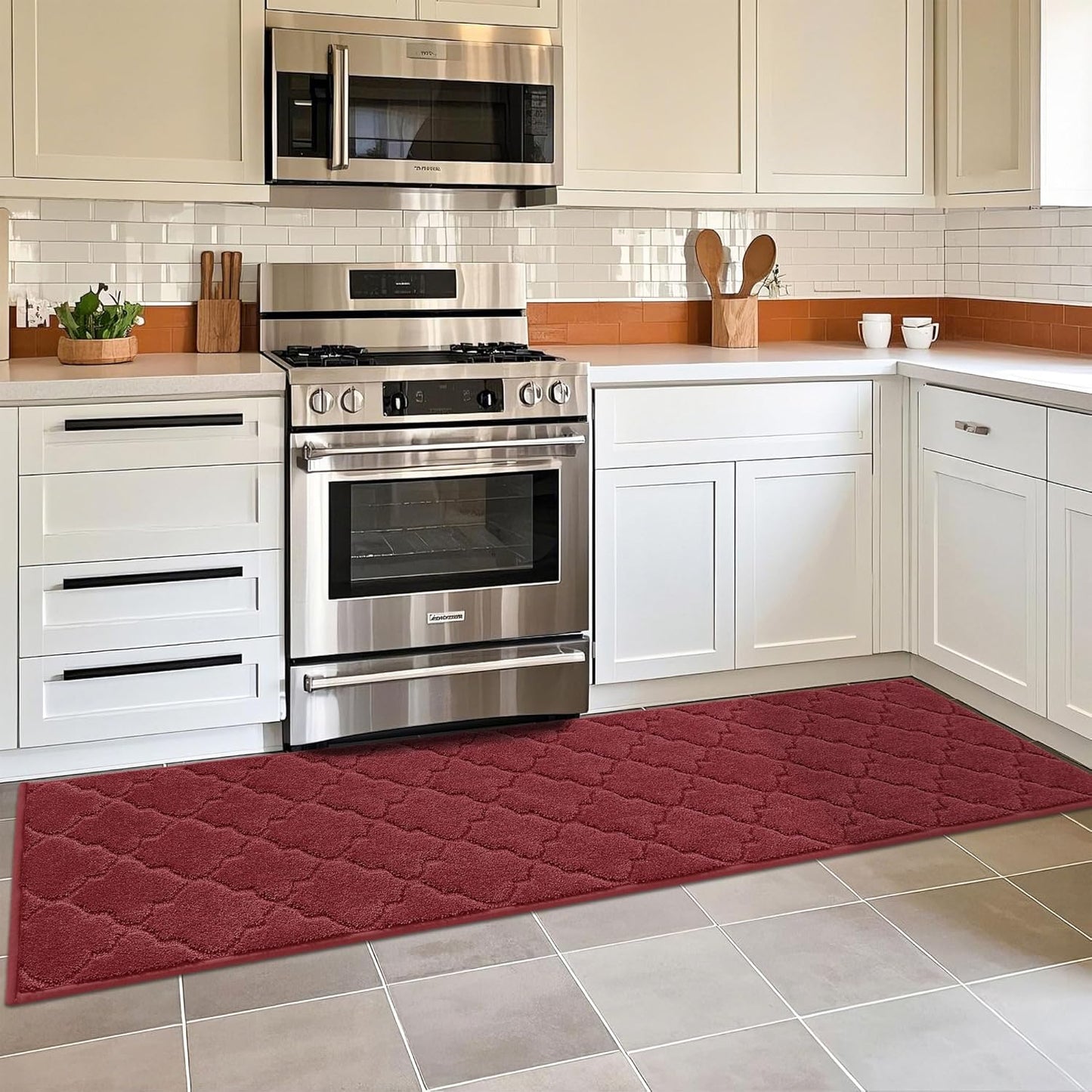 COSY HOMEER Soft Kitchen Floor Mats for in Front of Sink Super Absorbent Kitchen Rugs and Mats 20"x79" Non-Skid Kitchen Mat Standing Mat Washable,Polyester,Red