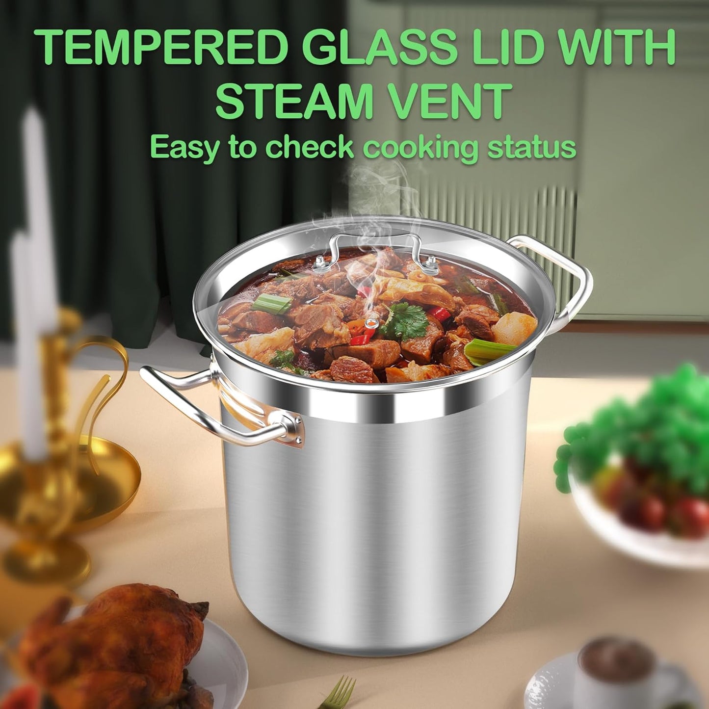 Stainless Steel 20 Quart Stockpot with Tempered Glass Lid, 3-Ply Base, 8.8 lbs, Polished Finish, Suitable for Stovetop and Oven