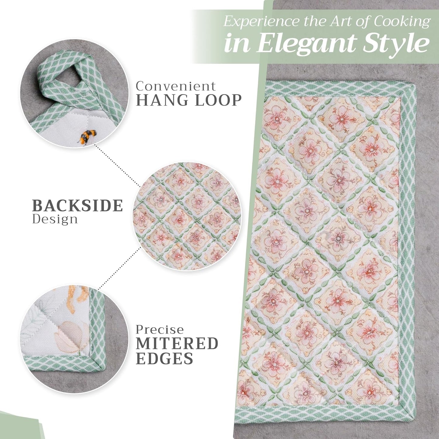 Maison d' Hermine Pot Holders Set 100% Cotton Heat Resistant Potholders 8" x 8" Hot Pads with Loop BBQ, Cooking, Baking, Grilling, Kitchen, Handling Hot Pans Spring/Summer (Pack of 2, Easter Dew)