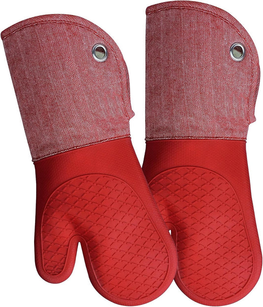 Professional Microwave Silicone Oven Mitts one Pair, Kitchen Mitten Set for Heat Resistant with 500 Degrees, Kitchen Gloves Pot Holder for BBQ Cooking Baking (Red)