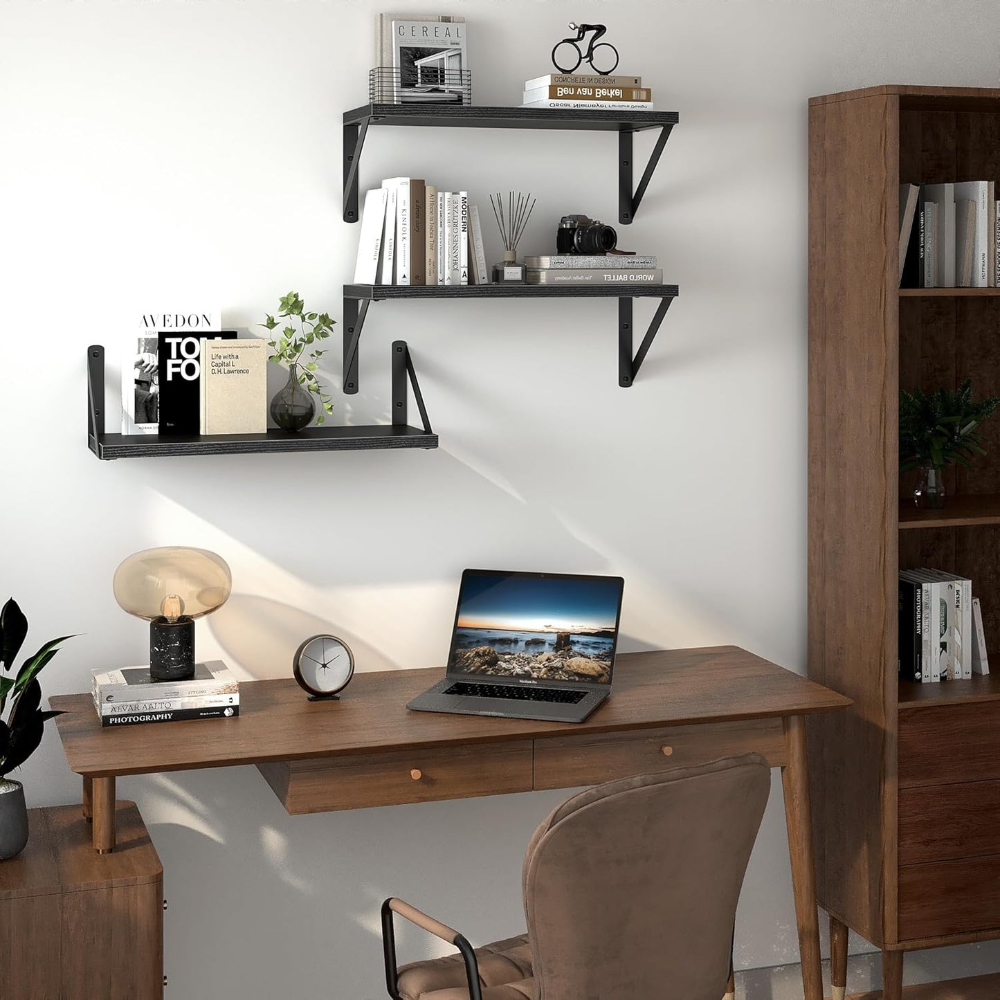 Heimlove Floating Shelves for Wall, 16 Inch Long Wood Floating Shelves Set of 3, Wall Mounted Hanging Shelf for Bathroom Bedroom Kitchen, Black