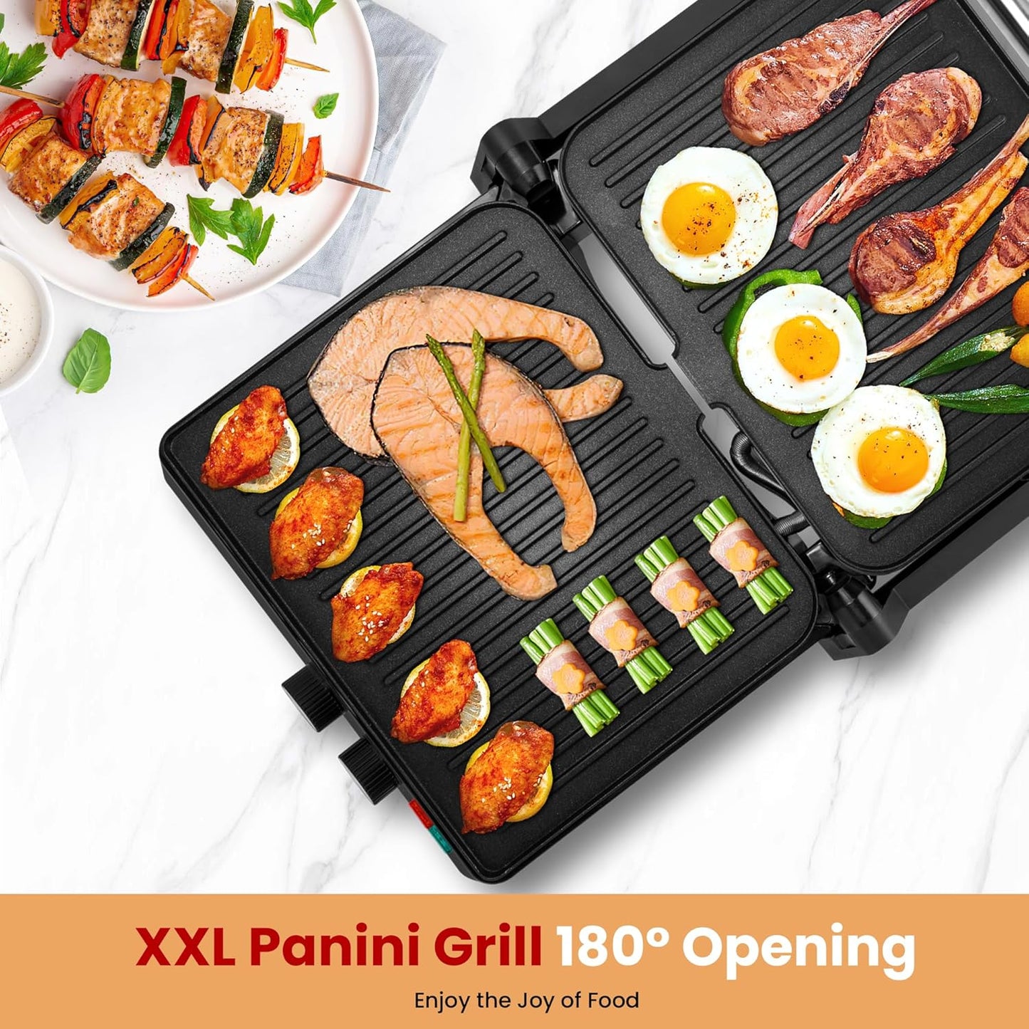 Pukomc Panini Grill Press,Sandwich Maker Press,Contact Grill, 1400W Non-Stick Grill, 60-Minute Timer, 180 Degrees Opening, Stainless Steel
