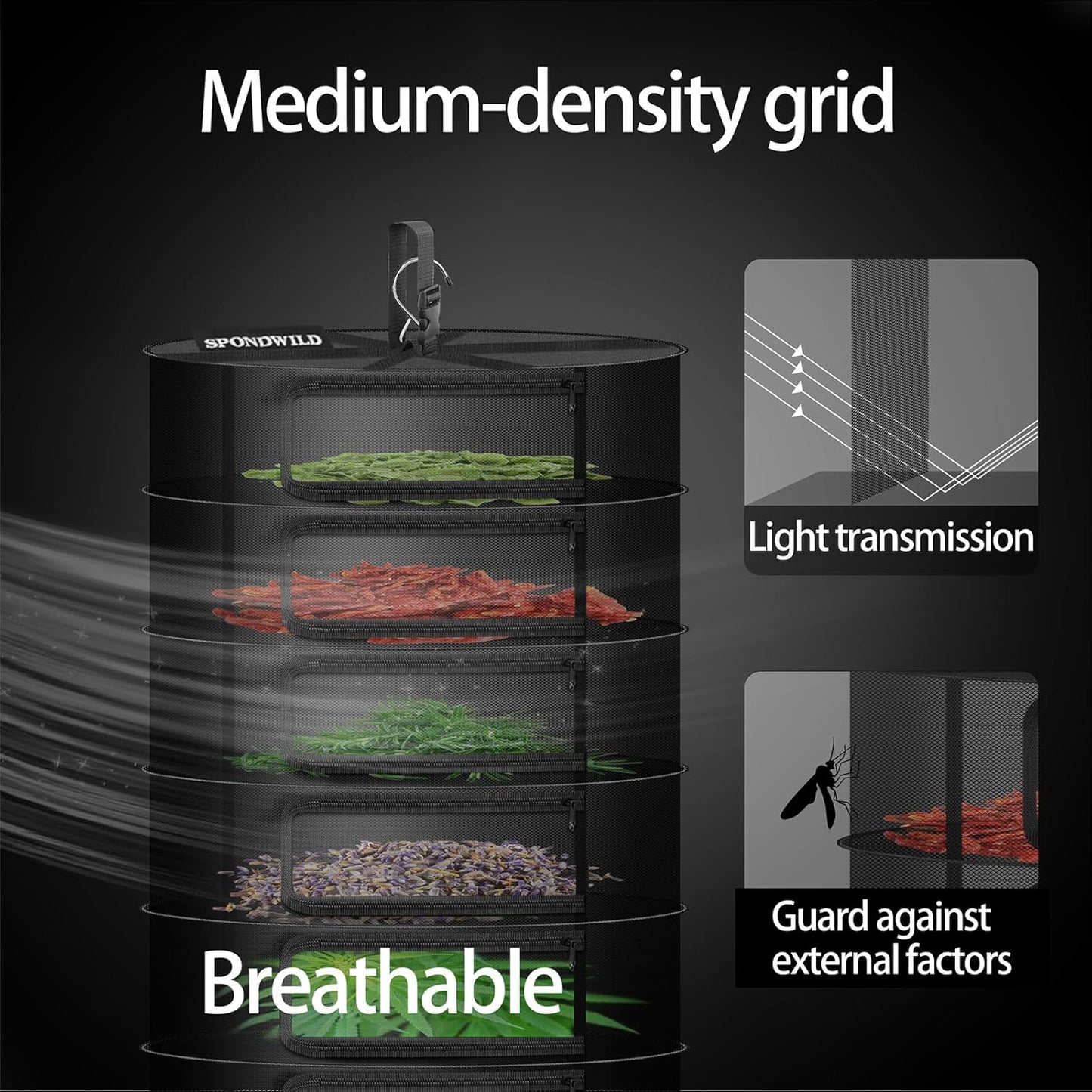 Herb Drying Rack Hanging Mesh Net，Small 4+1 Layer Plant Drying Rack with Door-Type Zipper & Closed Storage Compartment for Folding Basket Dryer Fiting in Grow Tents,Garden Outdoor