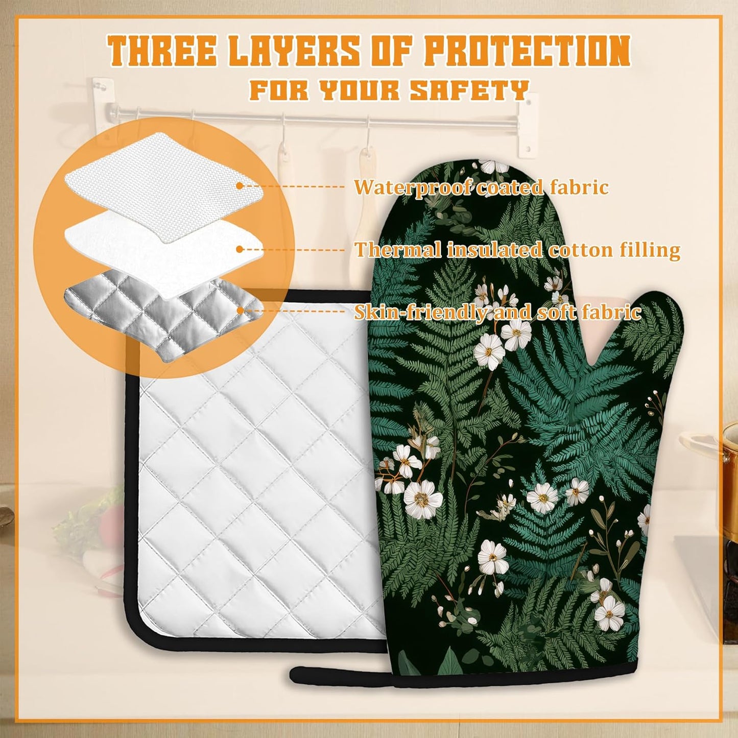 Herbal Fern Flowers Oven Mitts and Pot Holders Set,Kitchen Decor Heat Resistant Non Slip Hot Pads and Oven Mitt for Chef Cooking Baking BBQ Mom Girl Gifts(4 Piece Set)