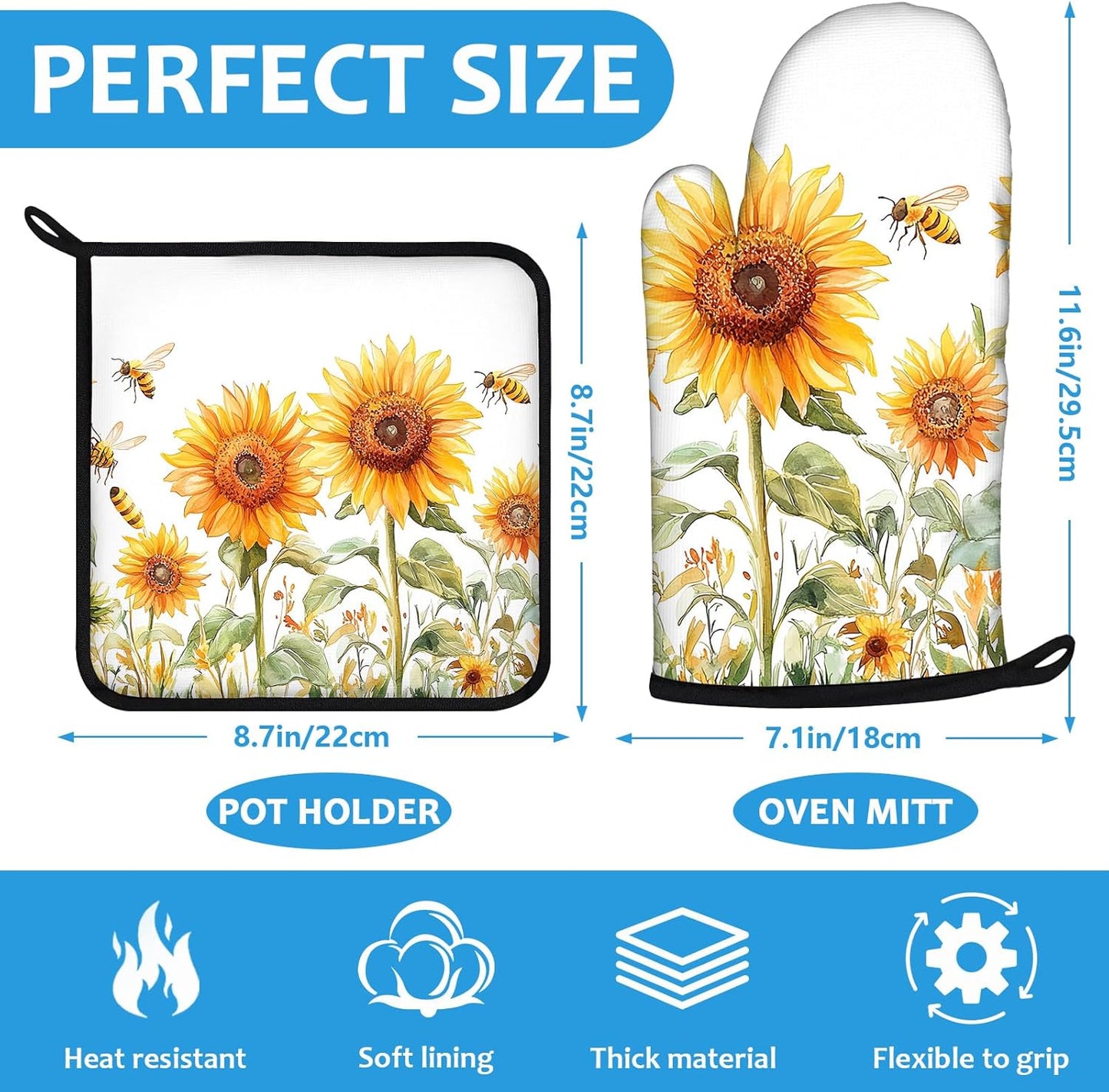 Watercolor Sunflower Oven Mitts and Pot Holders Sets Heat Resistant 4Pcs Busy Bee Potholders Oven Gloves Hot Pads for Kitchen Baking Cooking Grilling BBQ