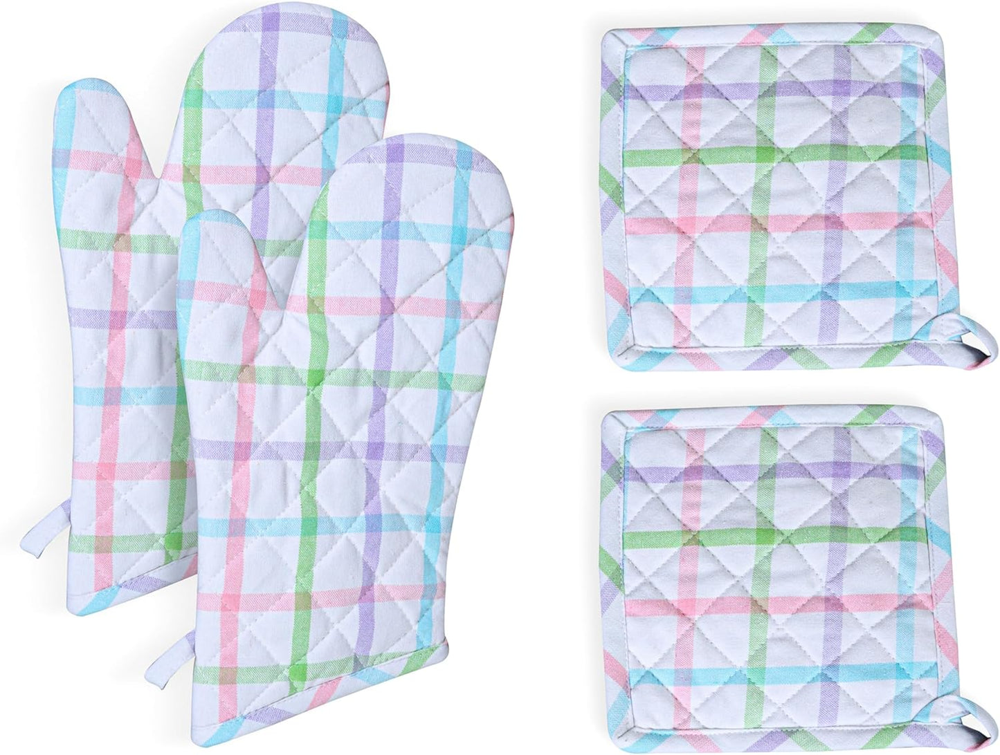 Native Fab 4 Piece Set - 2 Oven Mitts & 2 Potholders, Heat Resistant, 100% Cotton, Quilted Design, Non-Slip Grip, Ideal for Baking, Cooking, BBQ, Kitchen Protection, Multi-Color Checks