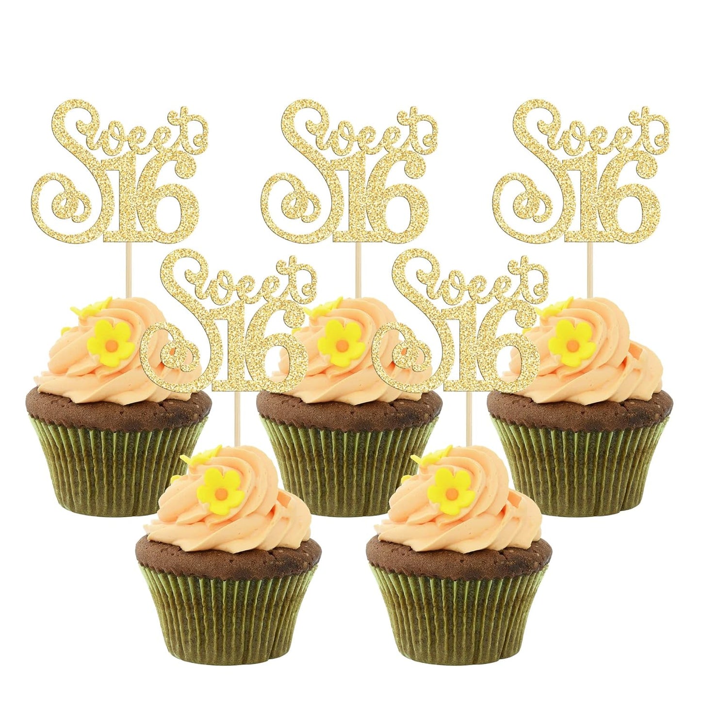 Gyufise 24 Pack Happy Sweet 16 Cupcake Toppers Glitter Sixteen 16th Birthday Cupcake Picks Cheers to 16 Years Old Cupcake Decorations for 16th Birthday Anniversary Party Cake Decorations Supplies Gold