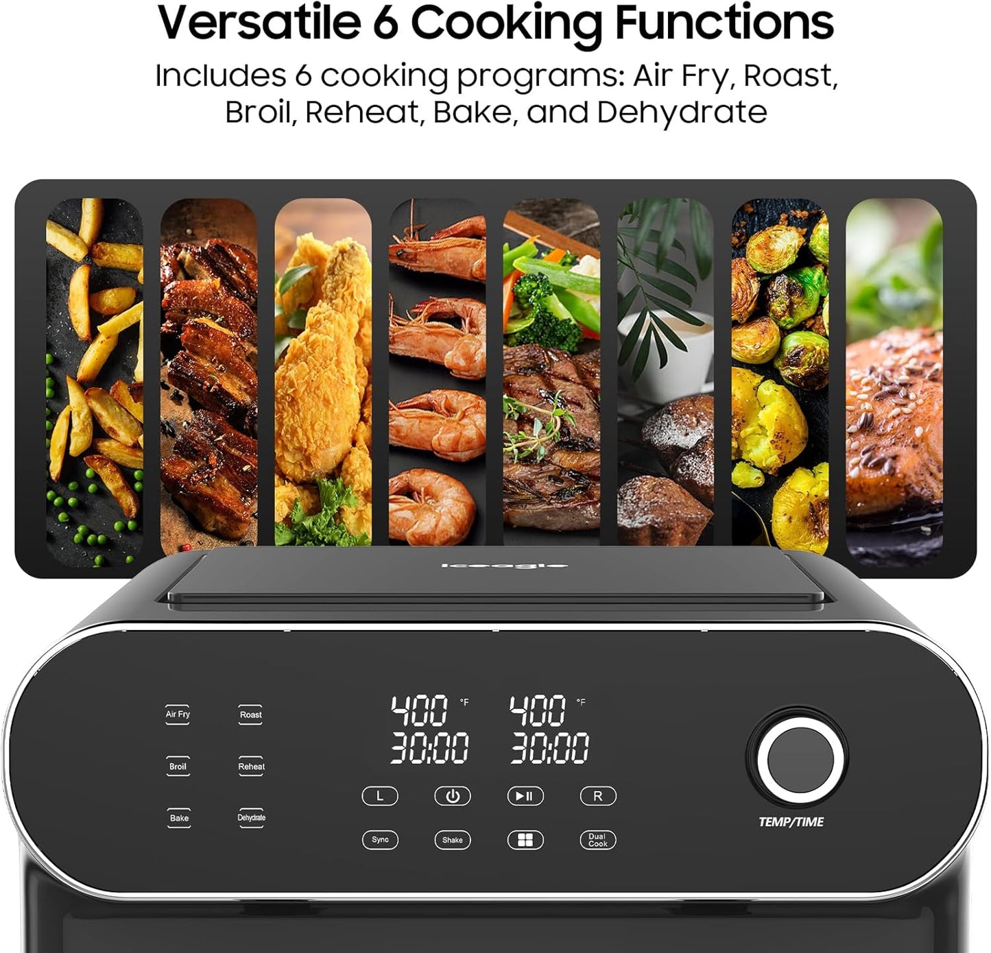 iceagle Dual Air Fryer 11 Quart - 6-in1 Airfryer with 2 Frying Baskets, Precise-control Knob | Sync & Dual Cook Functions to Ary Fry, Roast, Broil, Reheat and Dehydrate for Easy and Crispy Meals