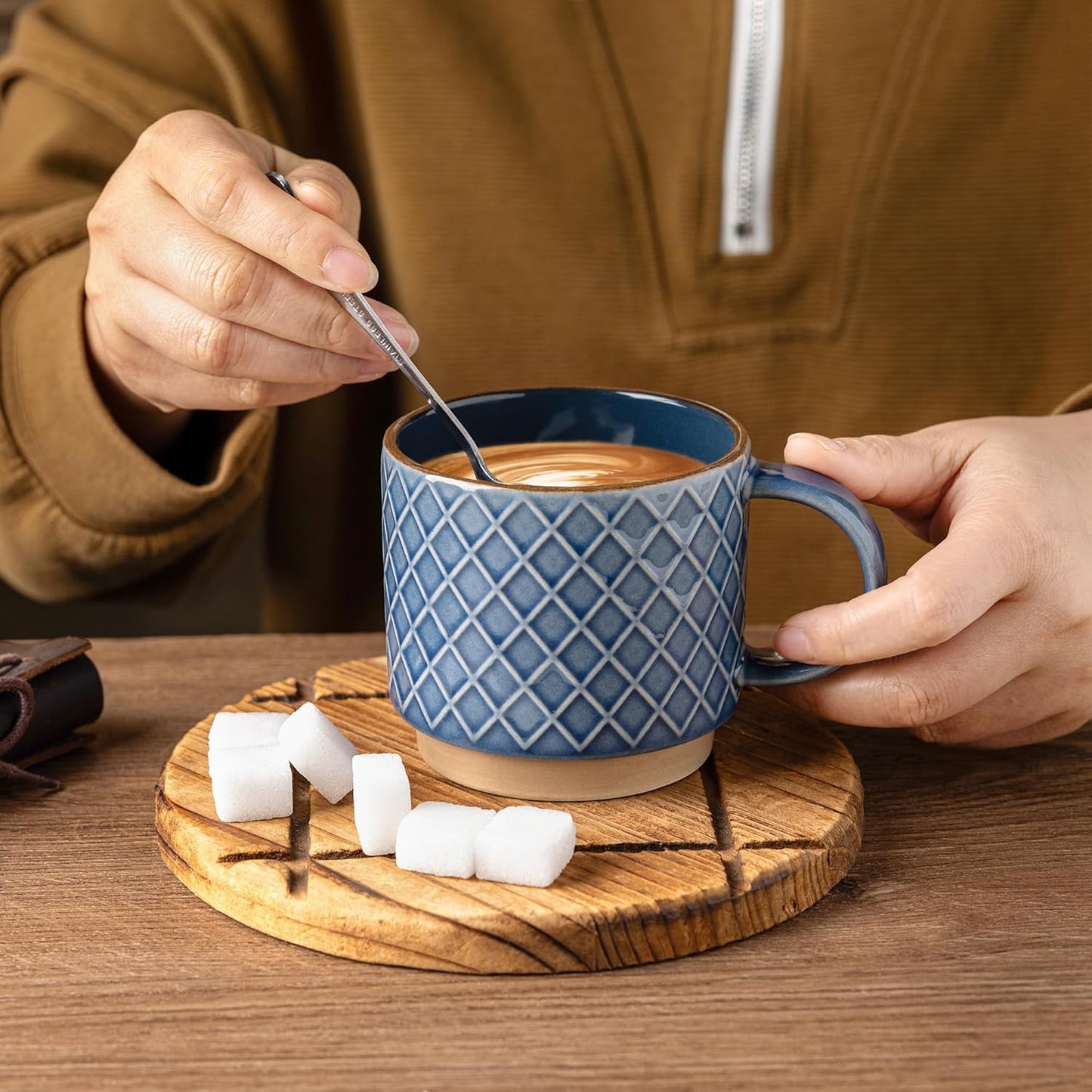 GBHOME 12OZ Stackable Coffee Mugs with Stand, Ceramic Coffee Mugs with Texture Patterns for Man,Woman,Dad,Mom, Modern Coffee Cups Set of 4 for Latte/Cappuccino/Cocoa. Dishwasher&Microwave Safe, Blue