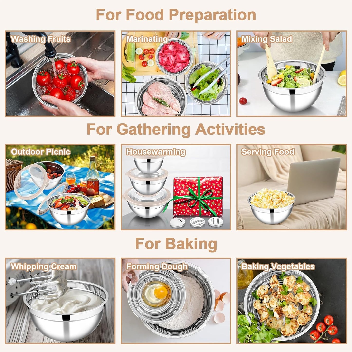 E-far Mixing Bowls with Lids and Graters, Stainless Steel Salad Mixing Bowl with Transparent Lid Set of 3, Metal Nesting Salad Storage for Kitchen Prepping/Serving/Baking, 4.6/2.6/1.5QT - Khaki