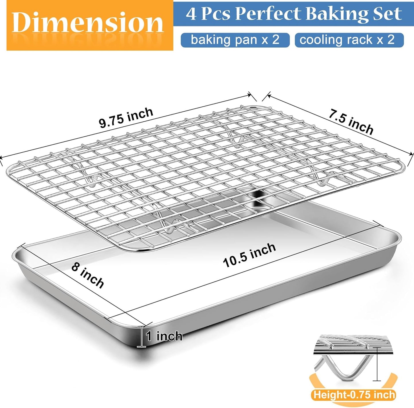 TeamFar Toaster Oven Pan with Rack Set, 10.5 x 8 x 1 Inch Stainless Steel Small Baking Pan Tray with Grid Rack for Baking Roasting Cooling, Non-Toxic & Heavy-Duty, Dishwasher Safe, (2 Pans + 2 Racks)